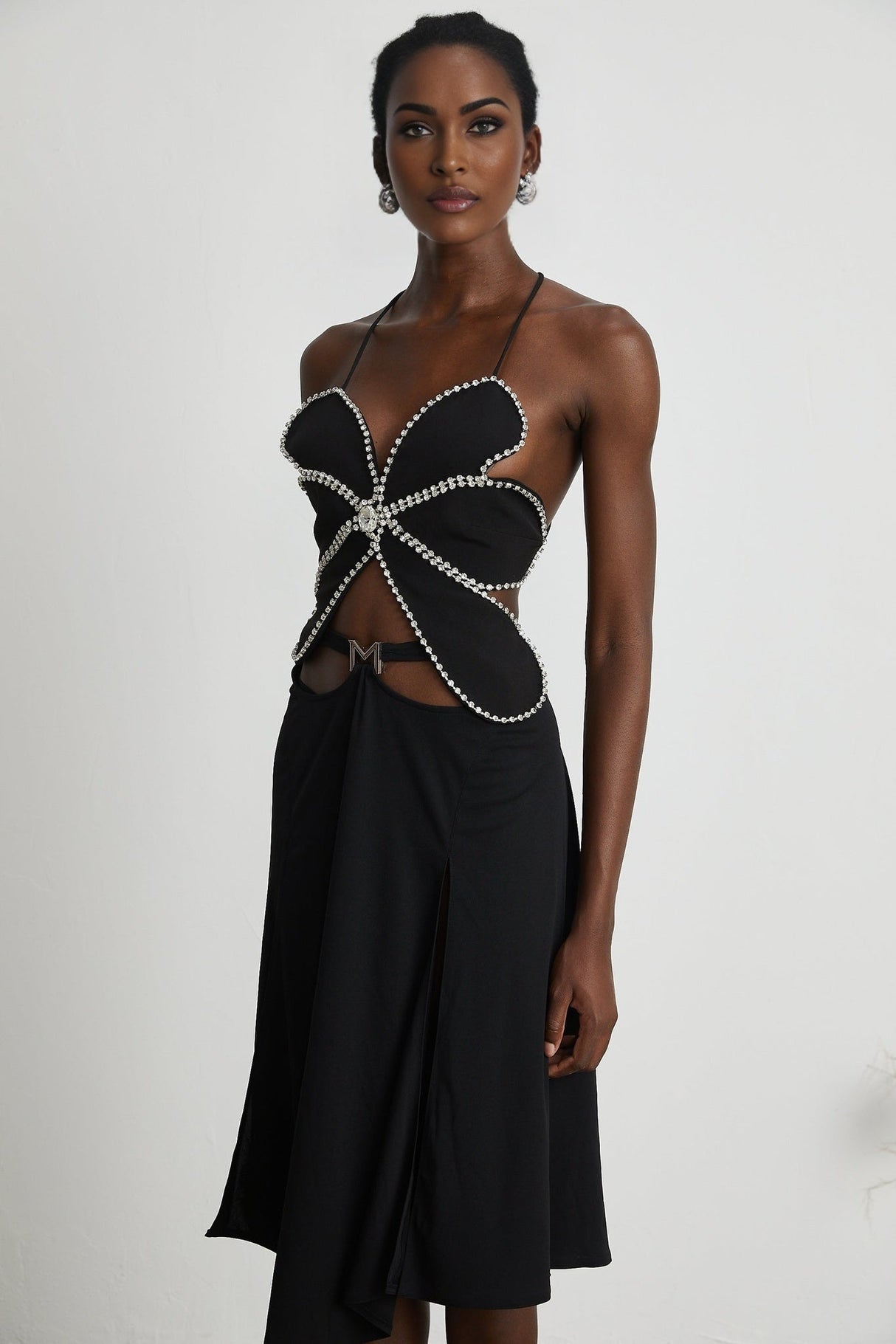 Daphne Top - Halterneck - Sleeveless - Backless - Crystal Embellishment - Floral Motif - Cropped