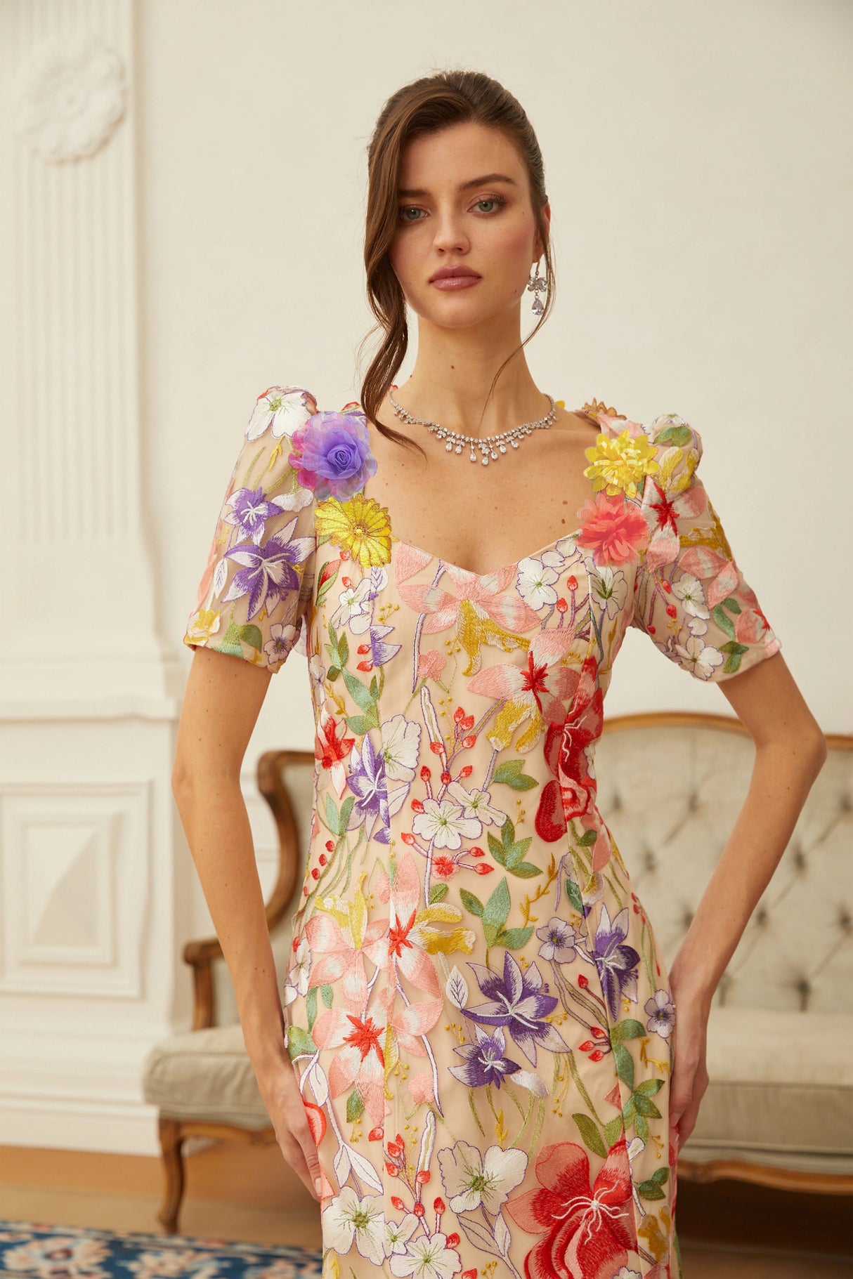 Darcy Neutral Floral Embroidered Tulle Midi Dress