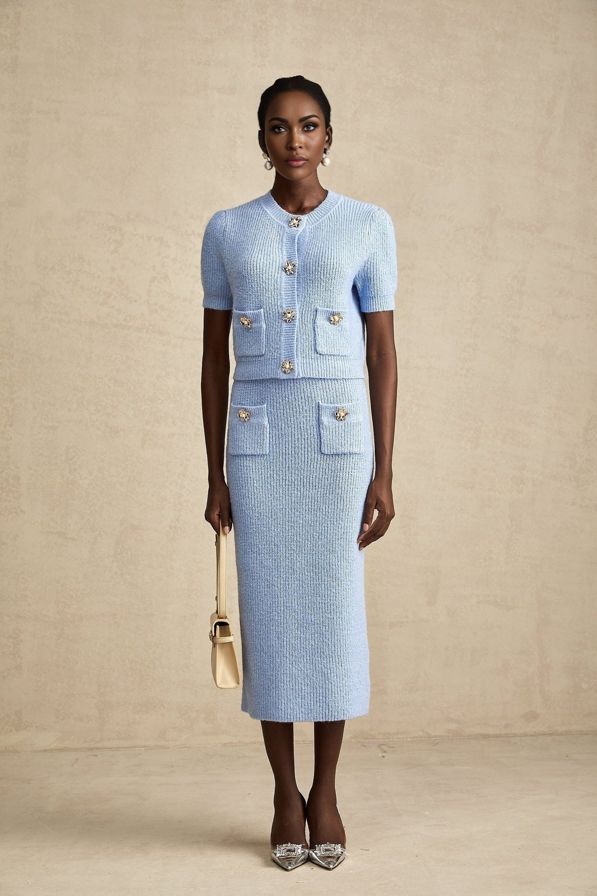 Daria Blouse & Skirt - Stretch Knit - Crew Neck - Short Sleeves - Front Patch Pockets