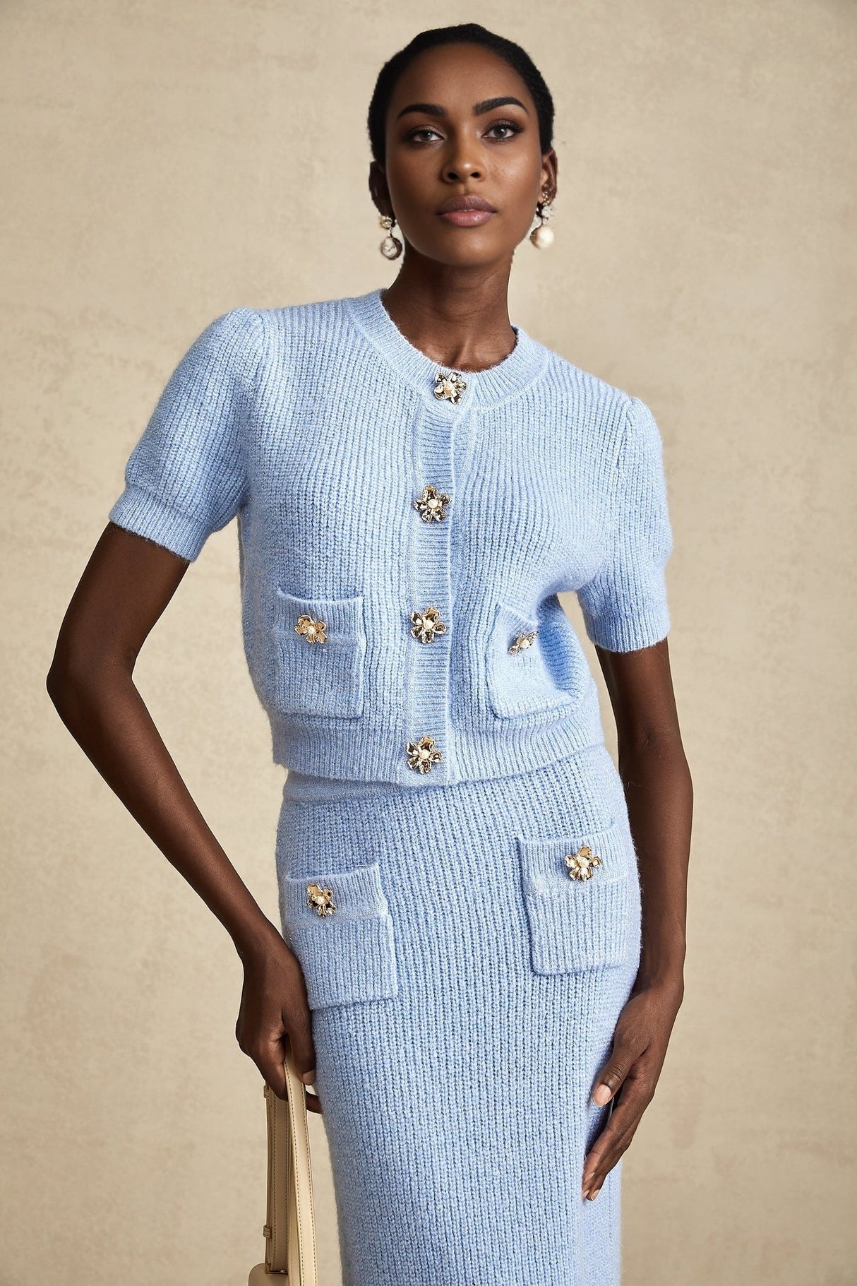 Daria Blouse & Skirt - Stretch Knit - Crew Neck - Short Sleeves - Front Patch Pockets