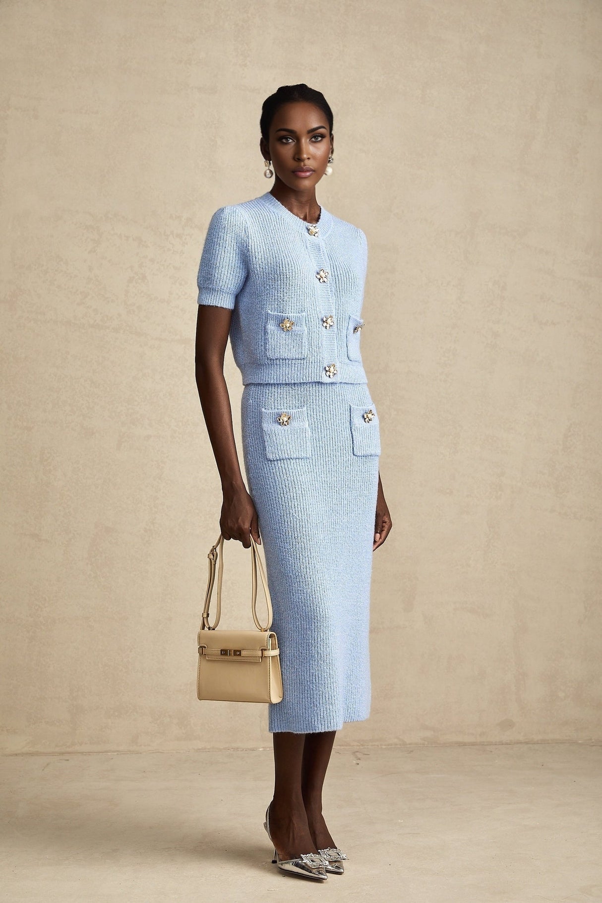 Daria Blouse & Skirt - Stretch Knit - Crew Neck - Short Sleeves - Front Patch Pockets