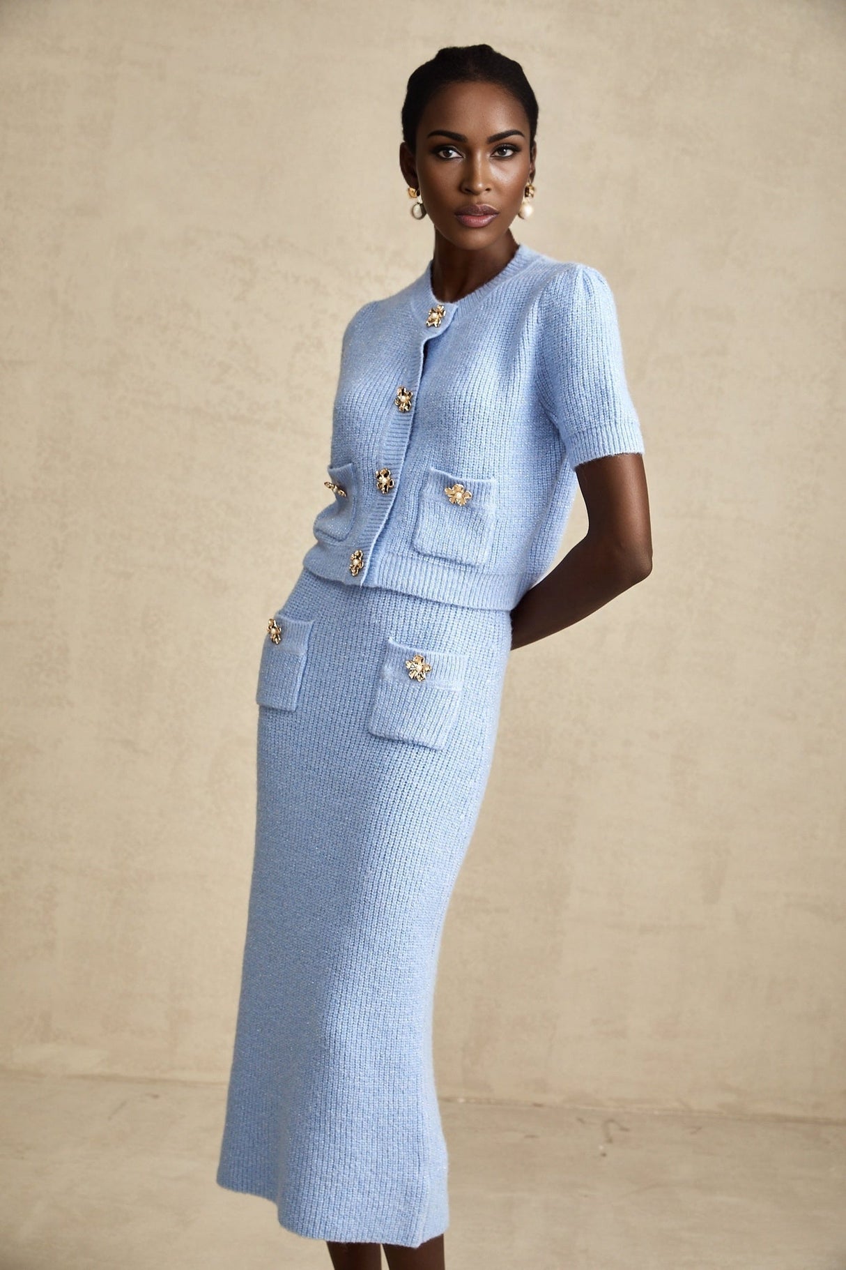 Daria Blouse & Skirt - Stretch Knit - Crew Neck - Short Sleeves - Front Patch Pockets