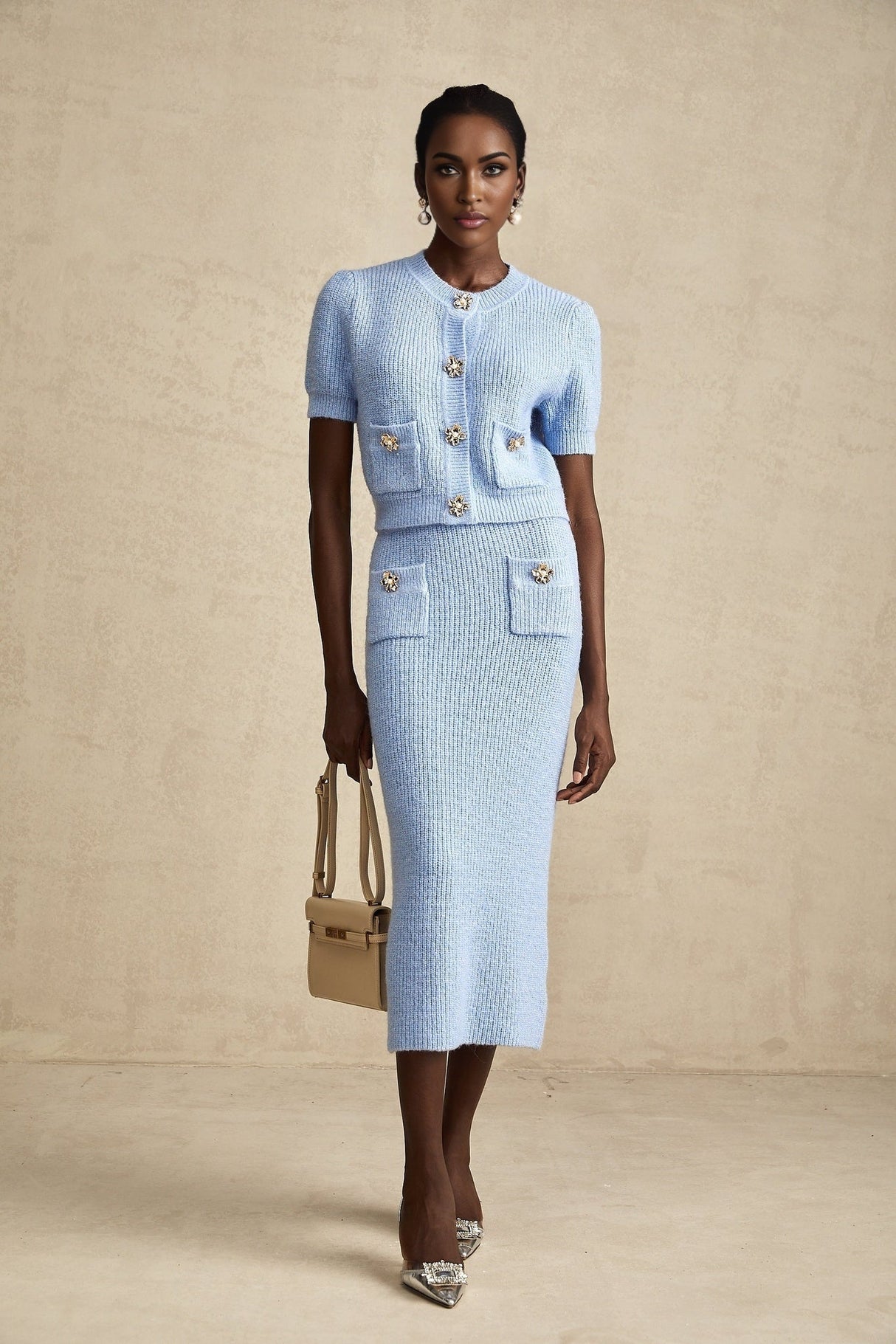 Daria Blouse & Skirt - Stretch Knit - Crew Neck - Short Sleeves - Front Patch Pockets