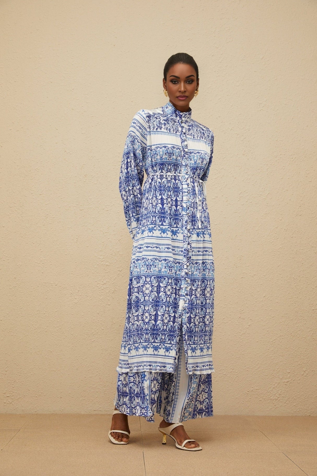 Daria Cardigan & Trousers - Stand - Up Collar - Paisley Print - Pleated Design - Wide Leg - Elasticated Waistband