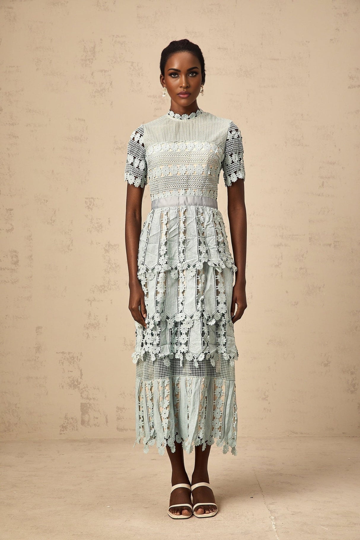 Daria Floral Midi Dress - Short Sleeved - Round Neckline - Lace Trim - Cut - out Design