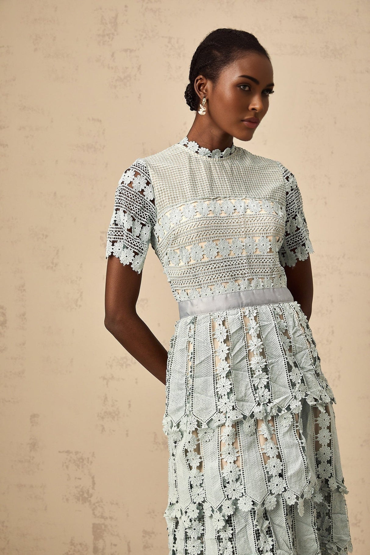 Daria Floral Midi Dress - Short Sleeved - Round Neckline - Lace Trim - Cut - out Design