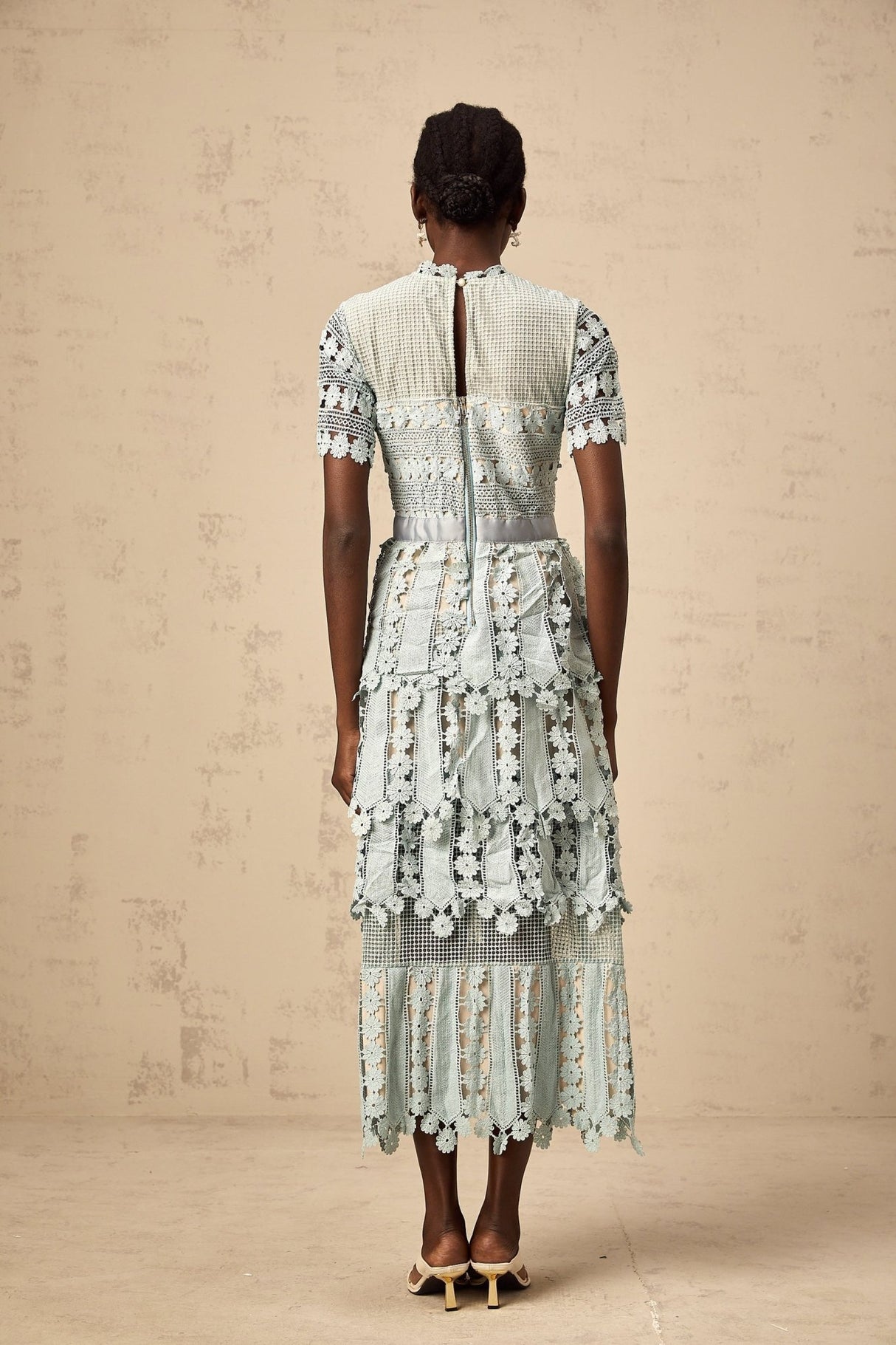 Daria Floral Midi Dress - Short Sleeved - Round Neckline - Lace Trim - Cut - out Design