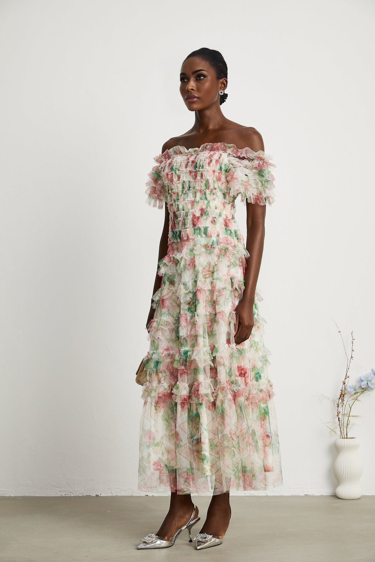 Daria Midi Dress - Off the Shoulder - Ruffled Trim - Tiered Design - Floral Print - Mesh Detail