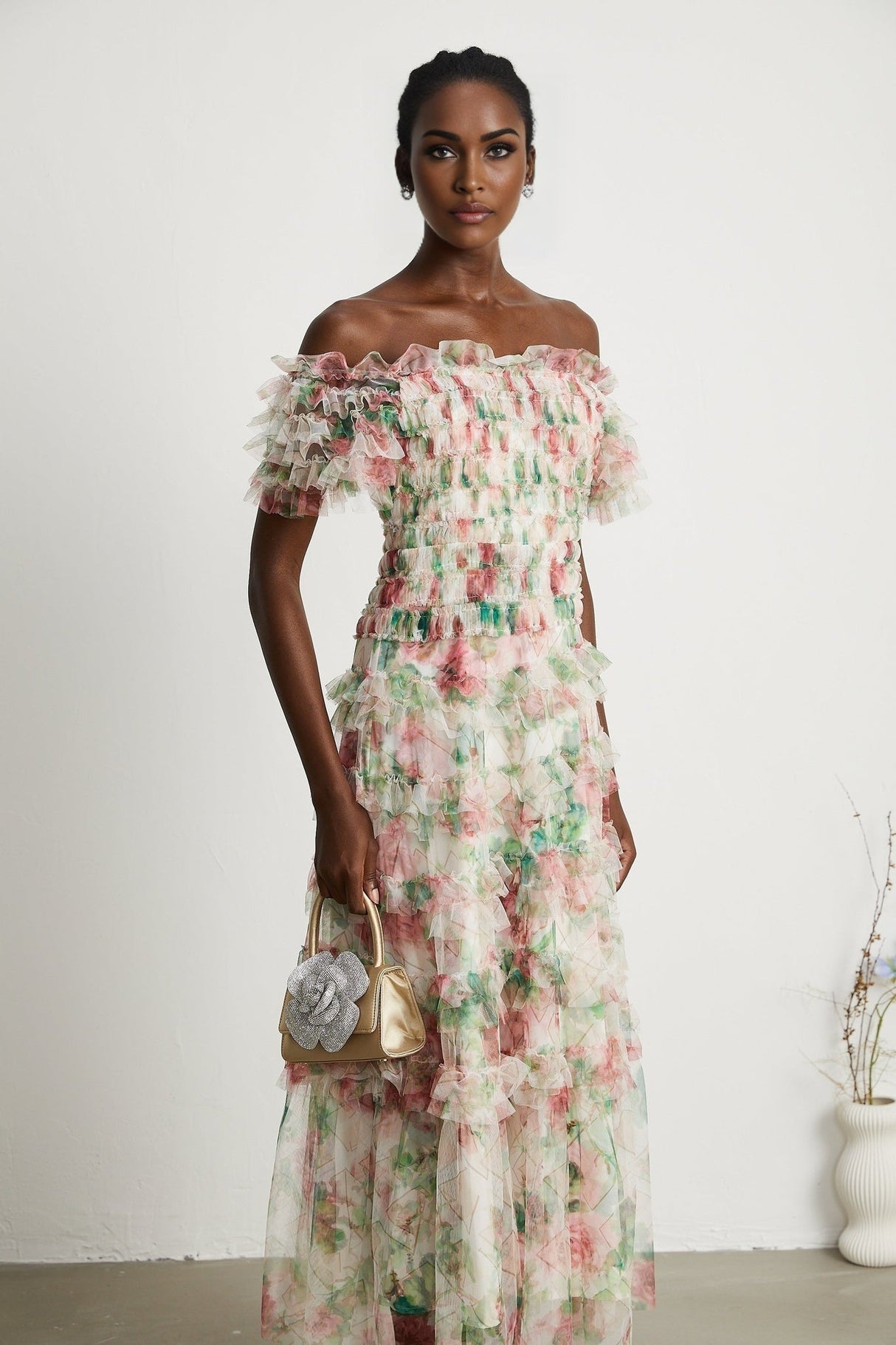 Daria Midi Dress - Off the Shoulder - Ruffled Trim - Tiered Design - Floral Print - Mesh Detail