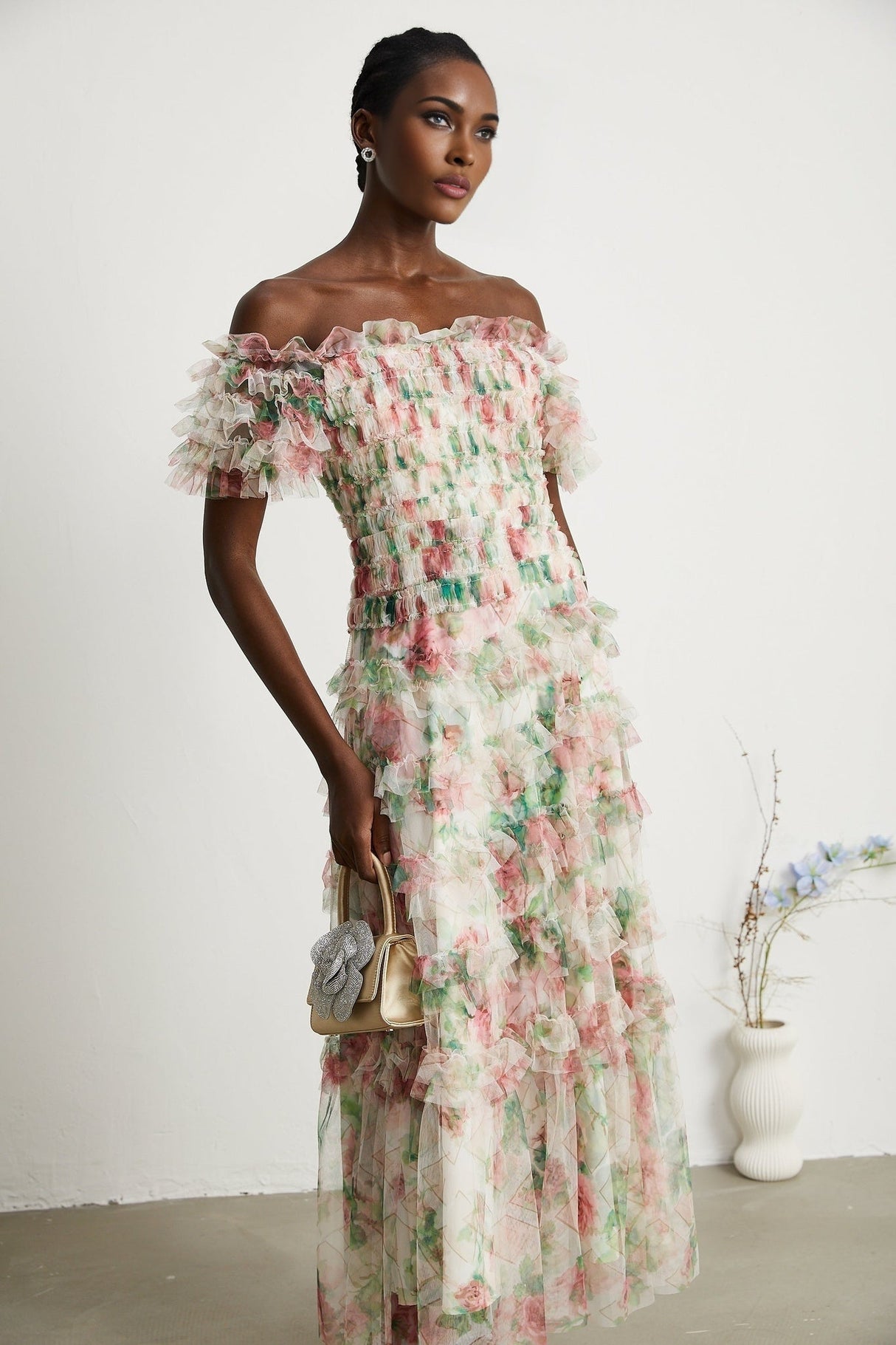 Daria Midi Dress - Off the Shoulder - Ruffled Trim - Tiered Design - Floral Print - Mesh Detail