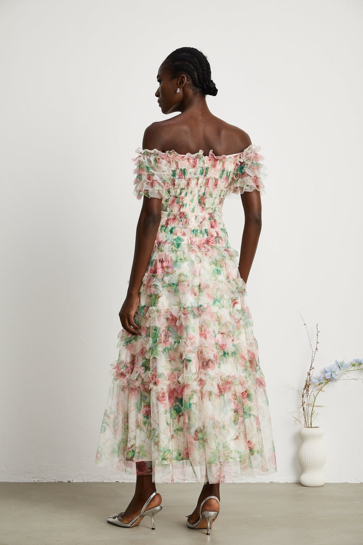 Daria Midi Dress - Off the Shoulder - Ruffled Trim - Tiered Design - Floral Print - Mesh Detail