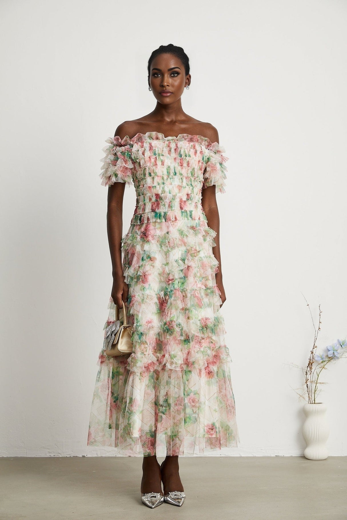 Daria Midi Dress - Off the Shoulder - Ruffled Trim - Tiered Design - Floral Print - Mesh Detail