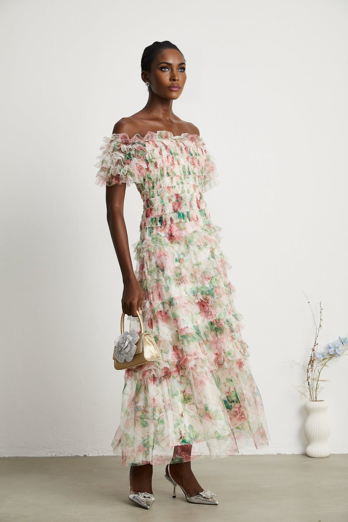 Daria Midi Dress - Off the Shoulder - Ruffled Trim - Tiered Design - Floral Print - Mesh Detail