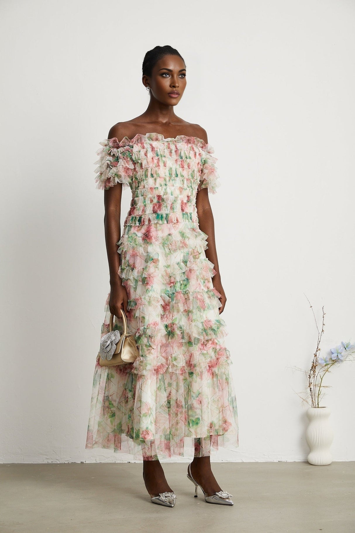 Daria Midi Dress - Off the Shoulder - Ruffled Trim - Tiered Design - Floral Print - Mesh Detail