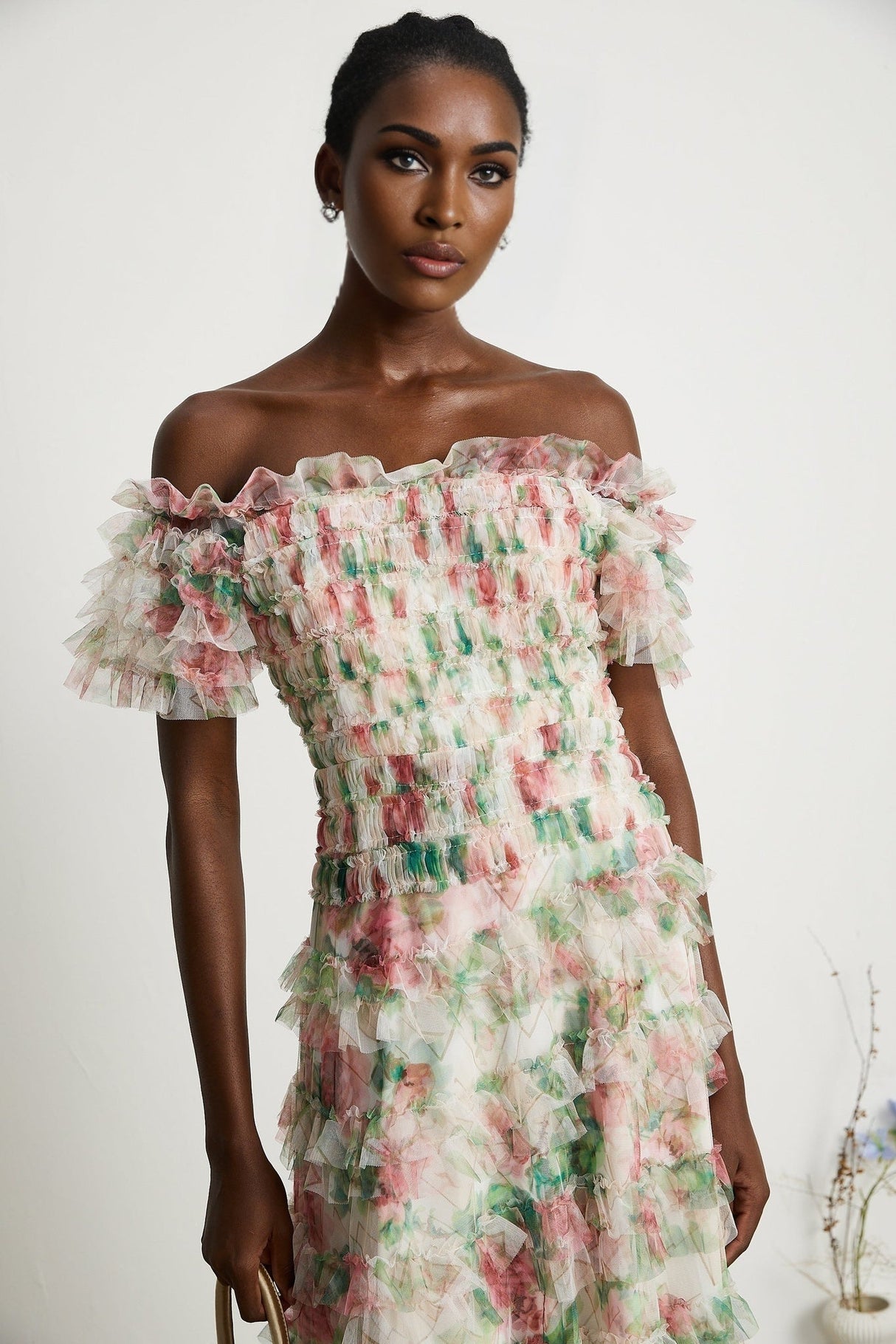 Daria Midi Dress - Off the Shoulder - Ruffled Trim - Tiered Design - Floral Print - Mesh Detail