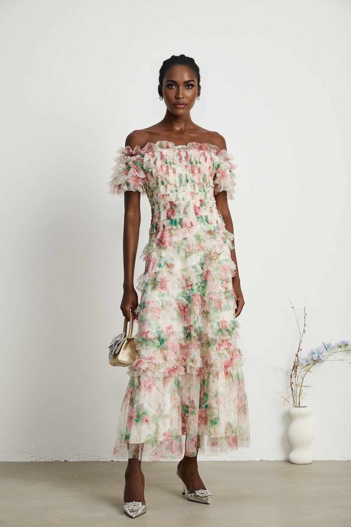 Daria Midi Dress - Off the Shoulder - Ruffled Trim - Tiered Design - Floral Print - Mesh Detail