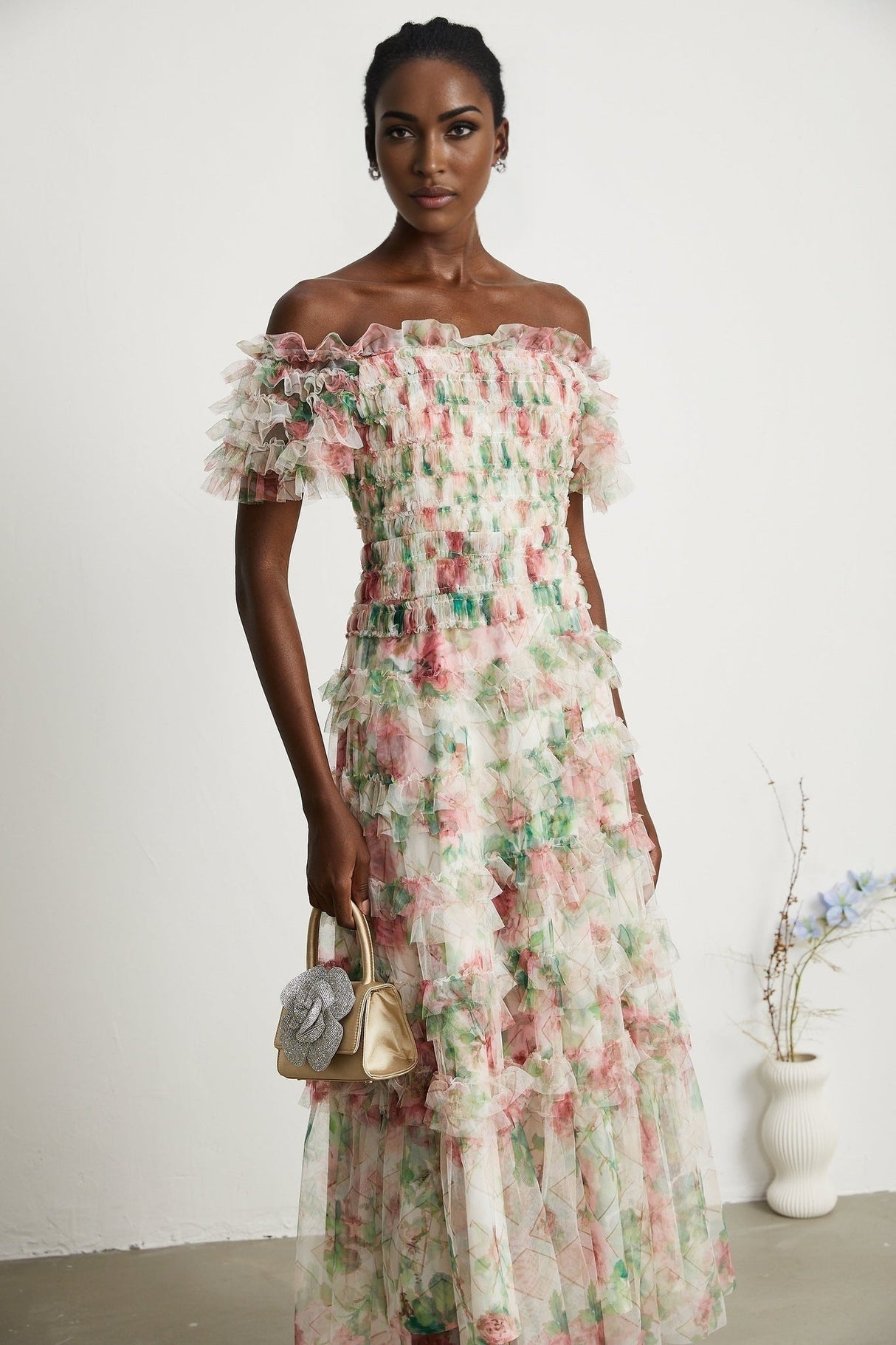 Daria Midi Dress - Off the Shoulder - Ruffled Trim - Tiered Design - Floral Print - Mesh Detail