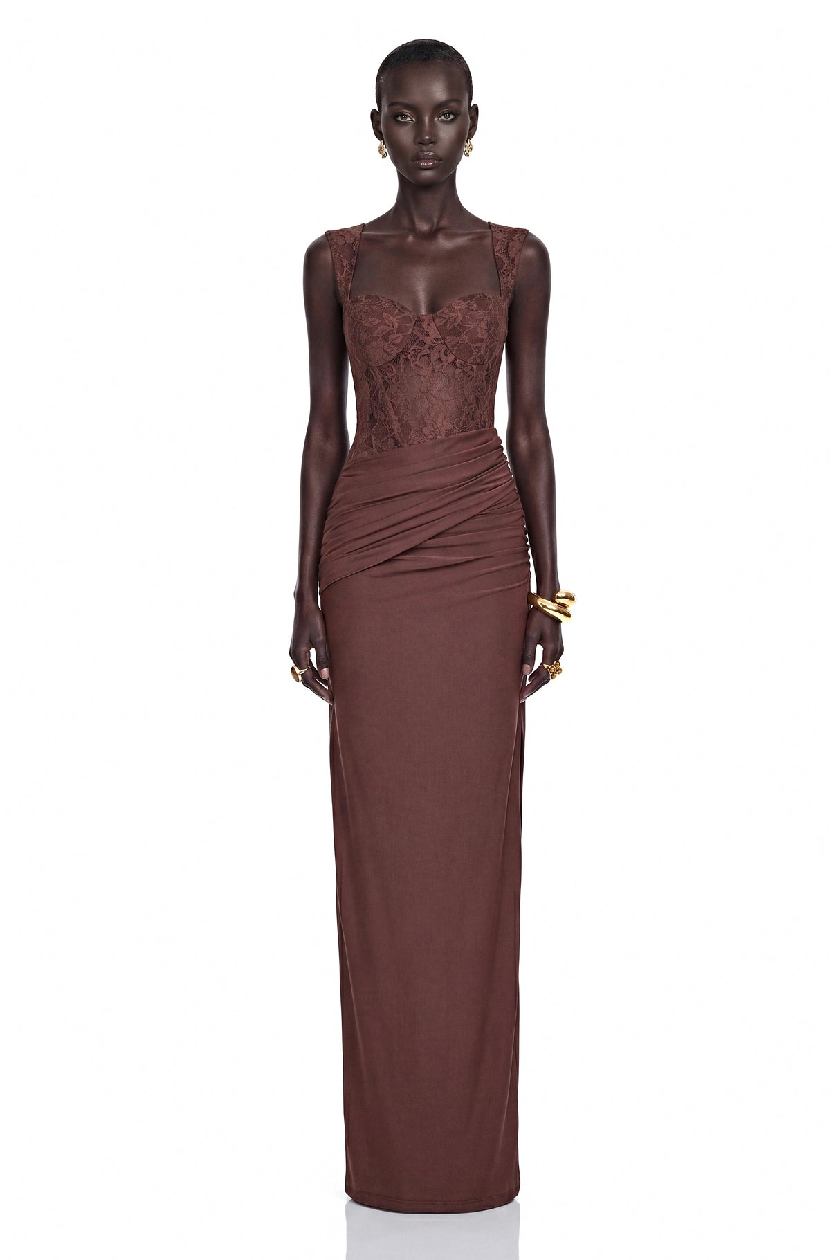 Darya Chocolate Brown Ruched Maxi Dress with Lace Panels