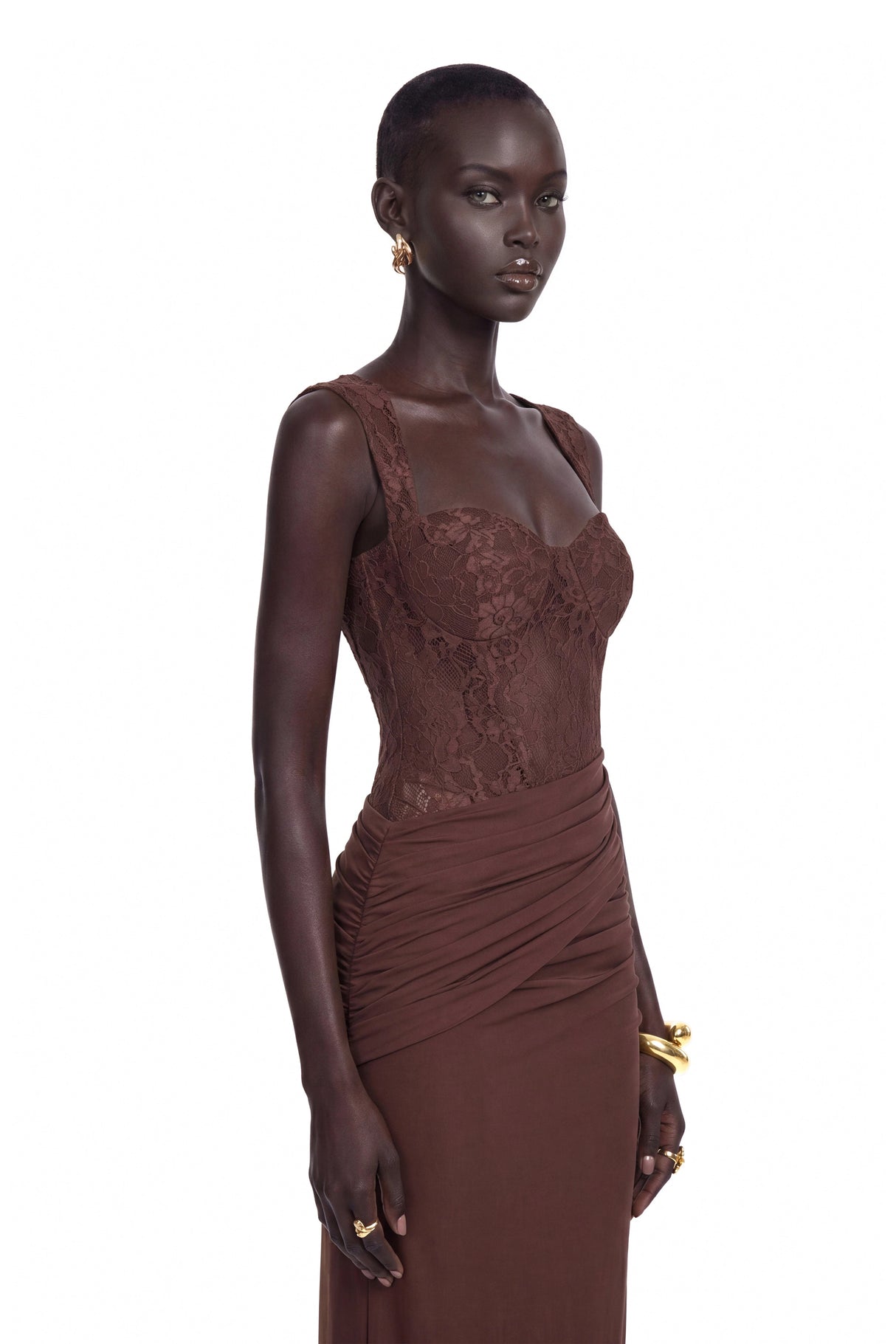 Darya Chocolate Brown Ruched Maxi Dress with Lace Panels