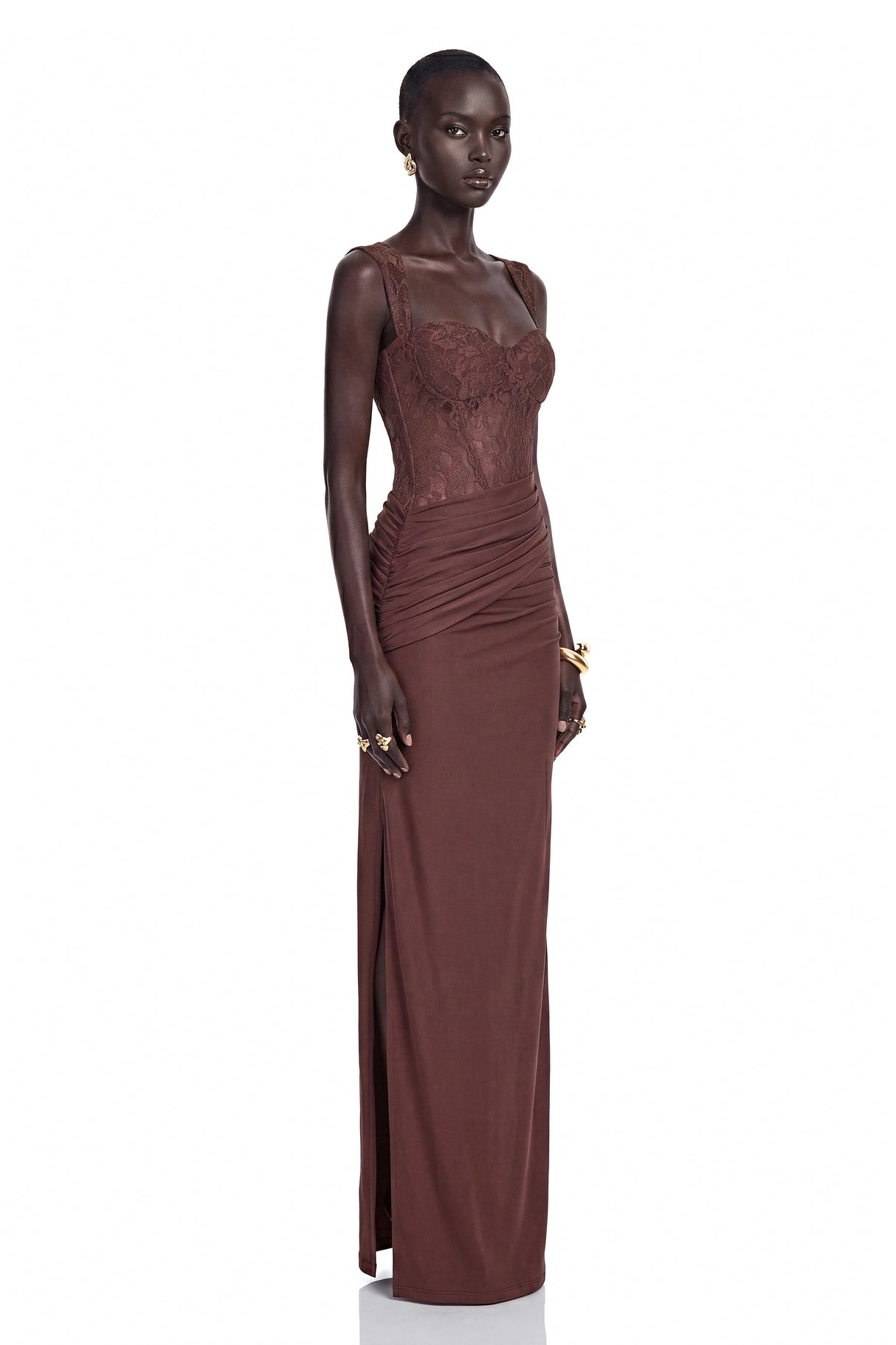 Darya Chocolate Brown Ruched Maxi Dress with Lace Panels