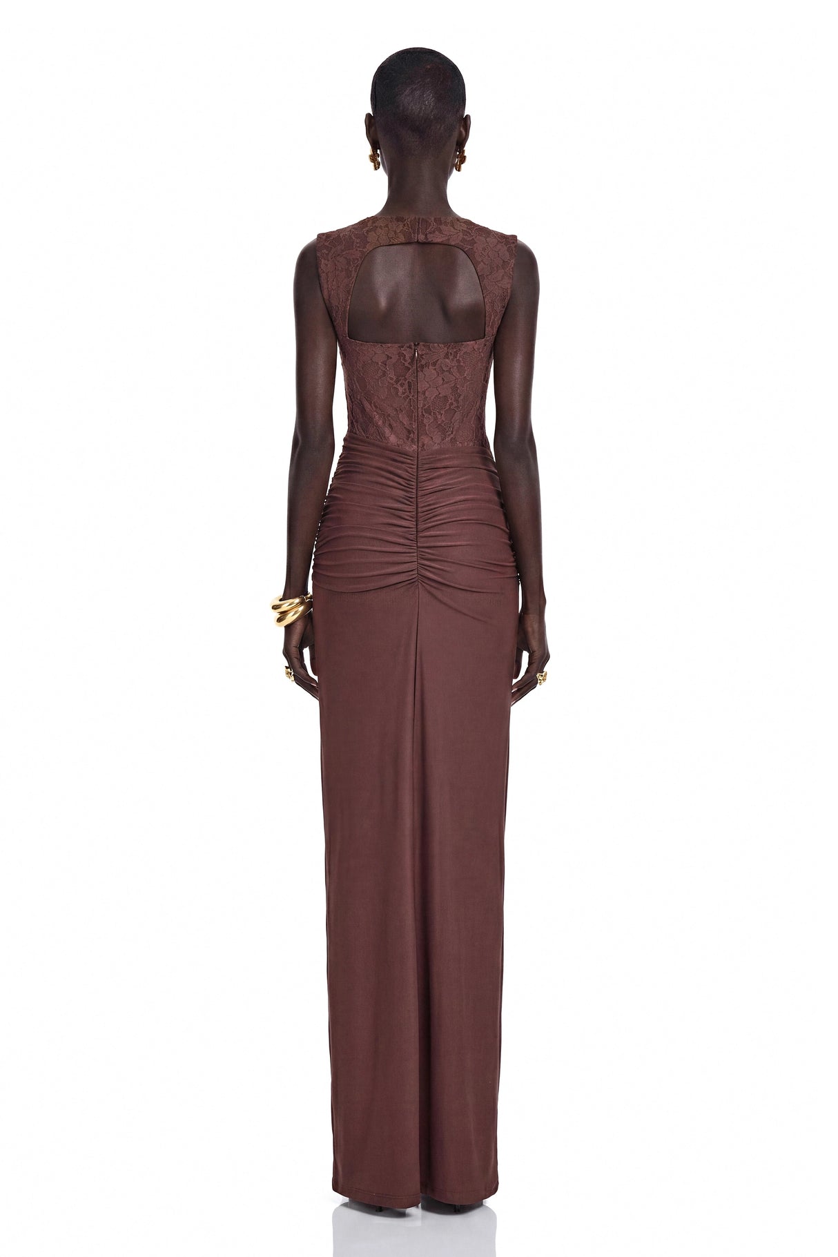 Darya Chocolate Brown Ruched Maxi Dress with Lace Panels