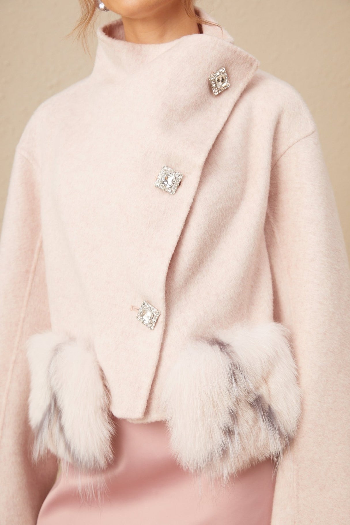 Dayana Coat - Faux fur detailing - Mock neck - Crystal - embellished buttons - Cropped