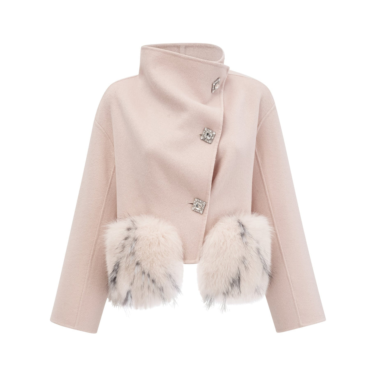 Dayana Coat - Faux fur detailing - Mock neck - Crystal - embellished buttons - Cropped