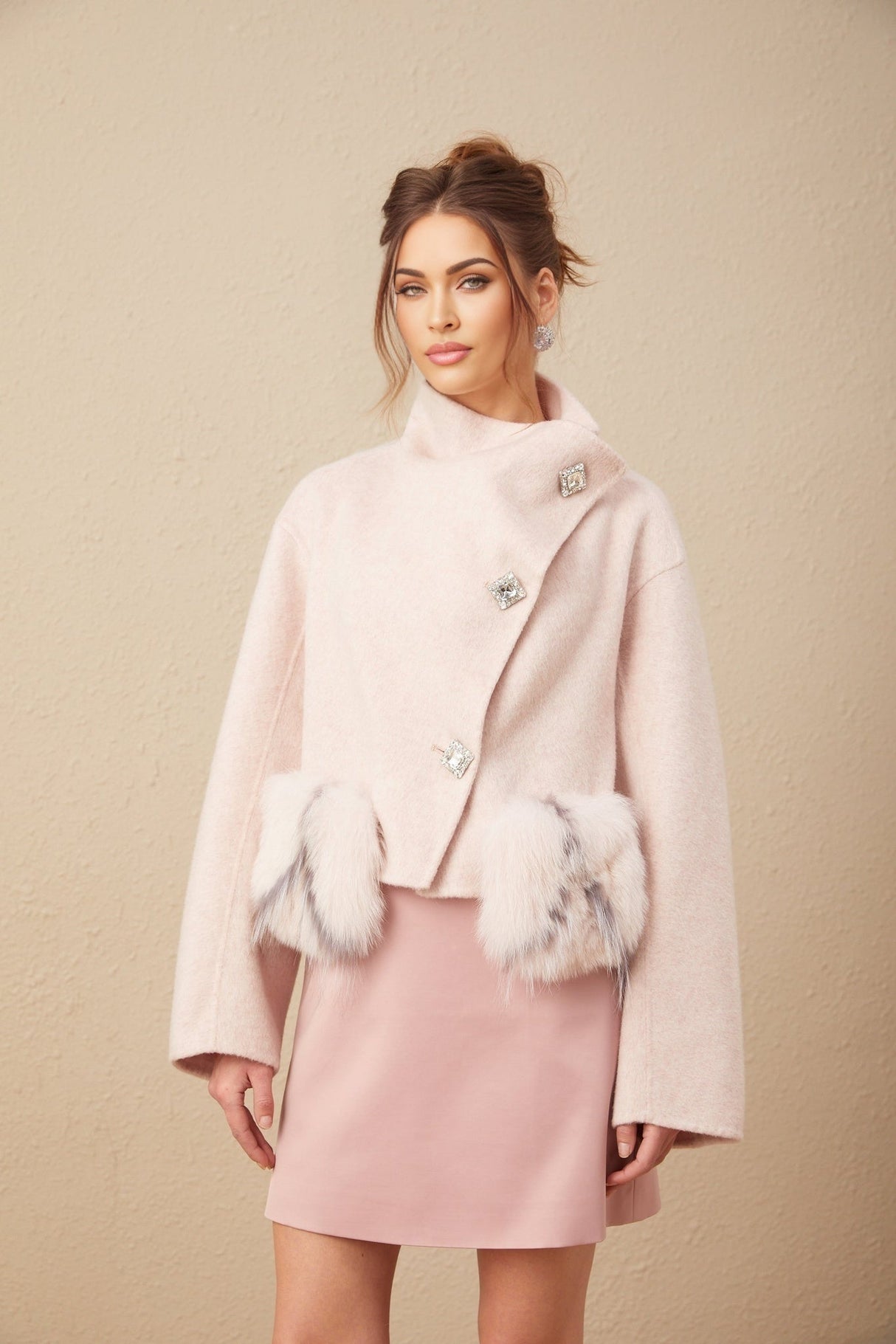 Dayana Coat - Faux fur detailing - Mock neck - Crystal - embellished buttons - Cropped