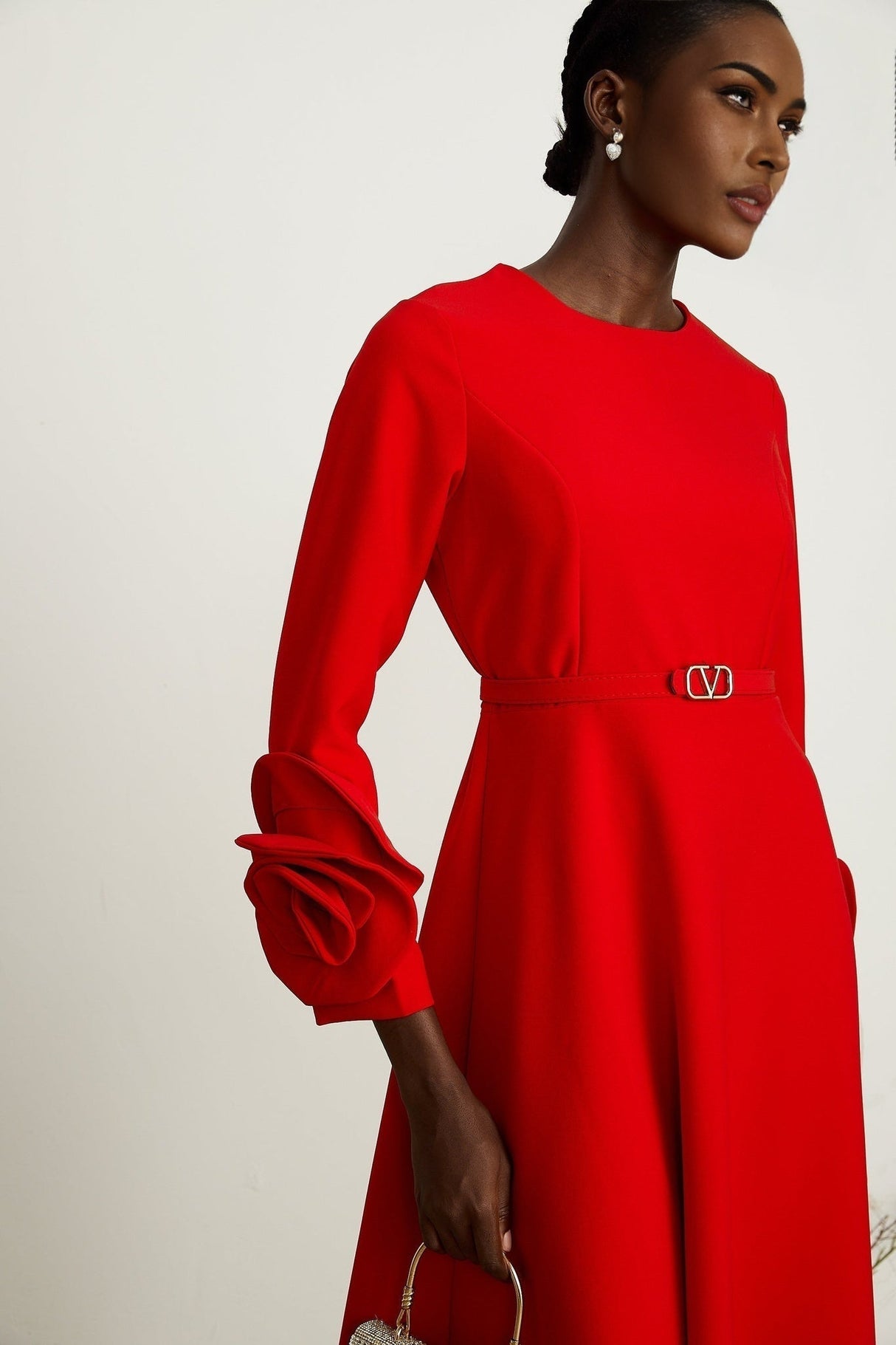 Dayana Long Dress - Floral Appliqué - Flared Skirt - Round Neck - Long Sleeves