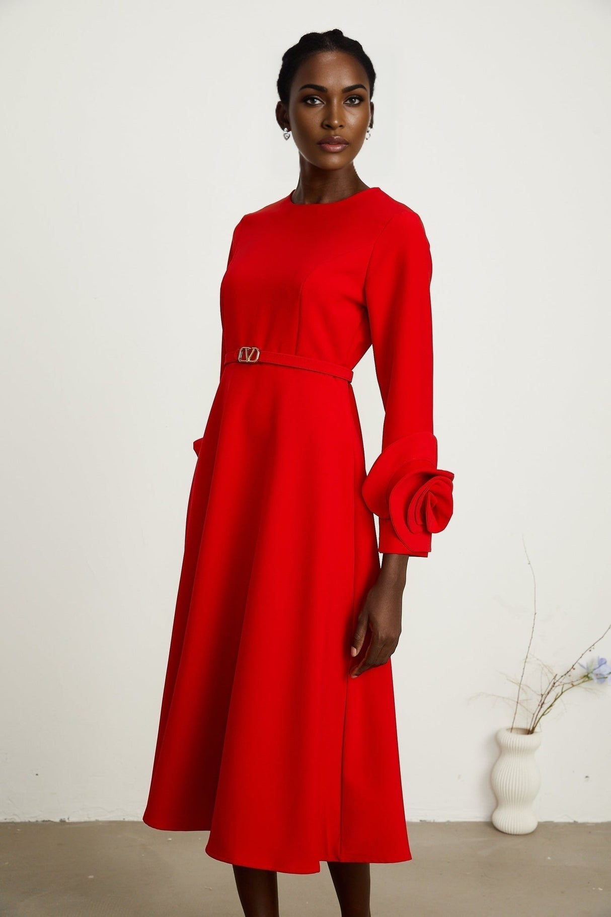 Dayana Long Dress - Floral Appliqué - Flared Skirt - Round Neck - Long Sleeves