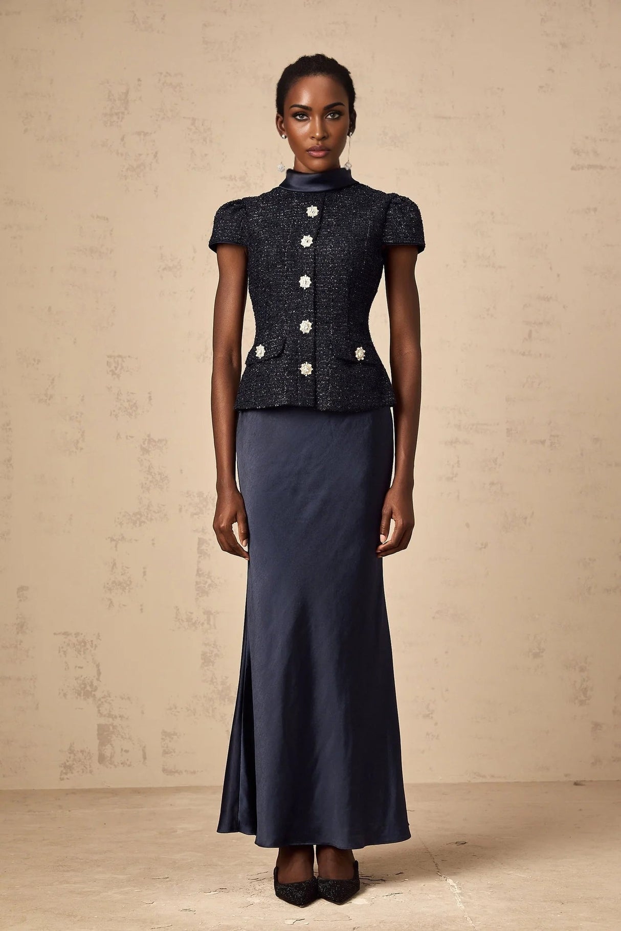 Dayana Maxi Dress Navy Blue Detachable Skirt Crystal Buttons