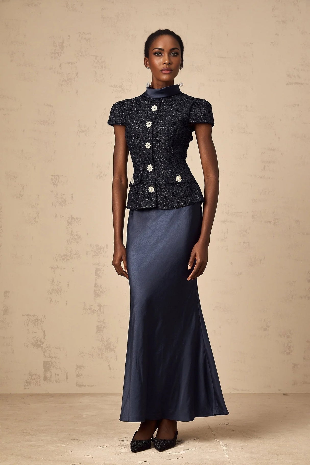 Dayana Maxi Dress Navy Blue Detachable Skirt Crystal Buttons