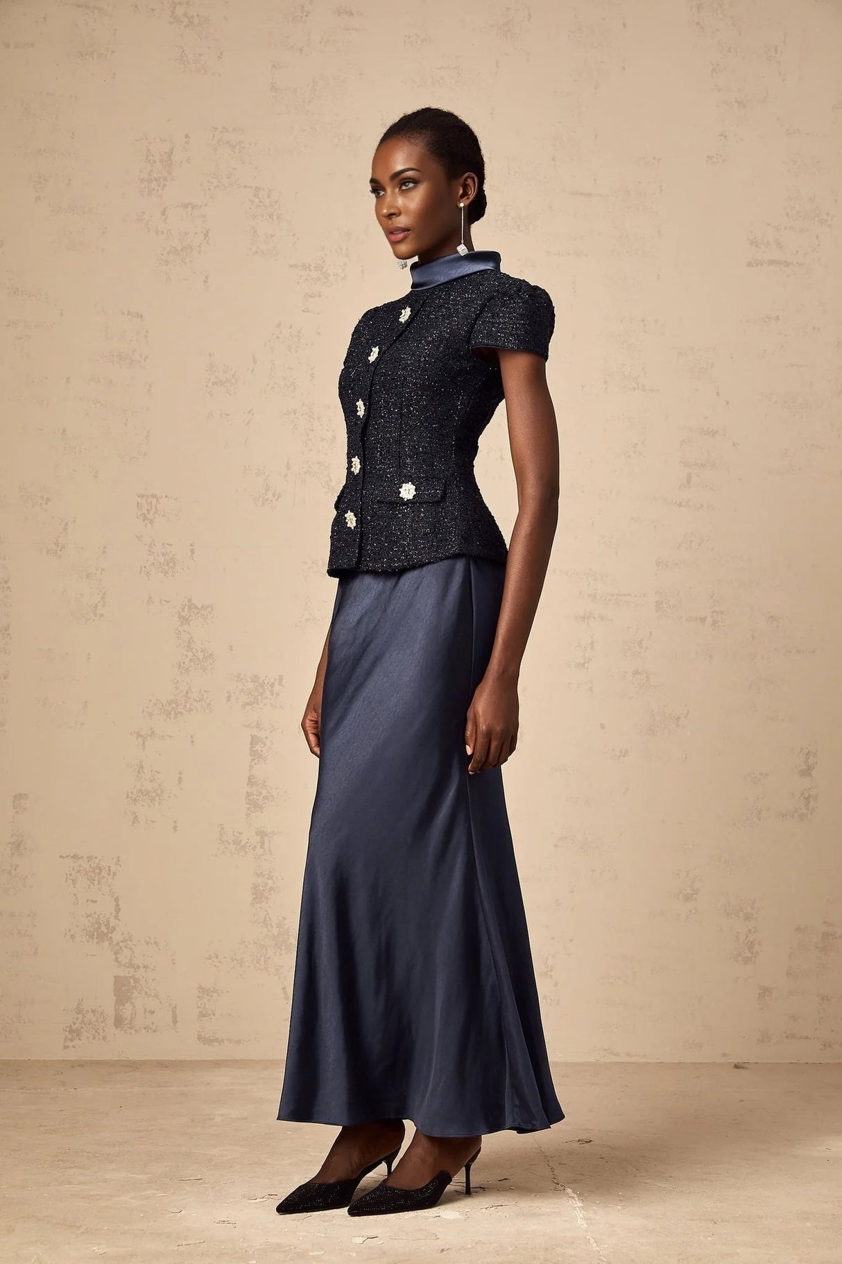 Dayana Maxi Dress Navy Blue Detachable Skirt Crystal Buttons