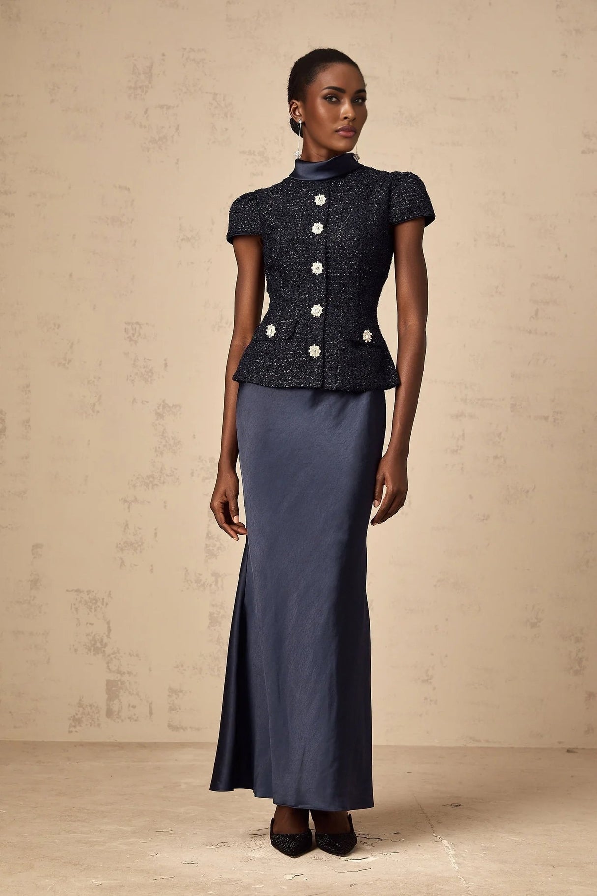 Dayana Maxi Dress Navy Blue Detachable Skirt Crystal Buttons