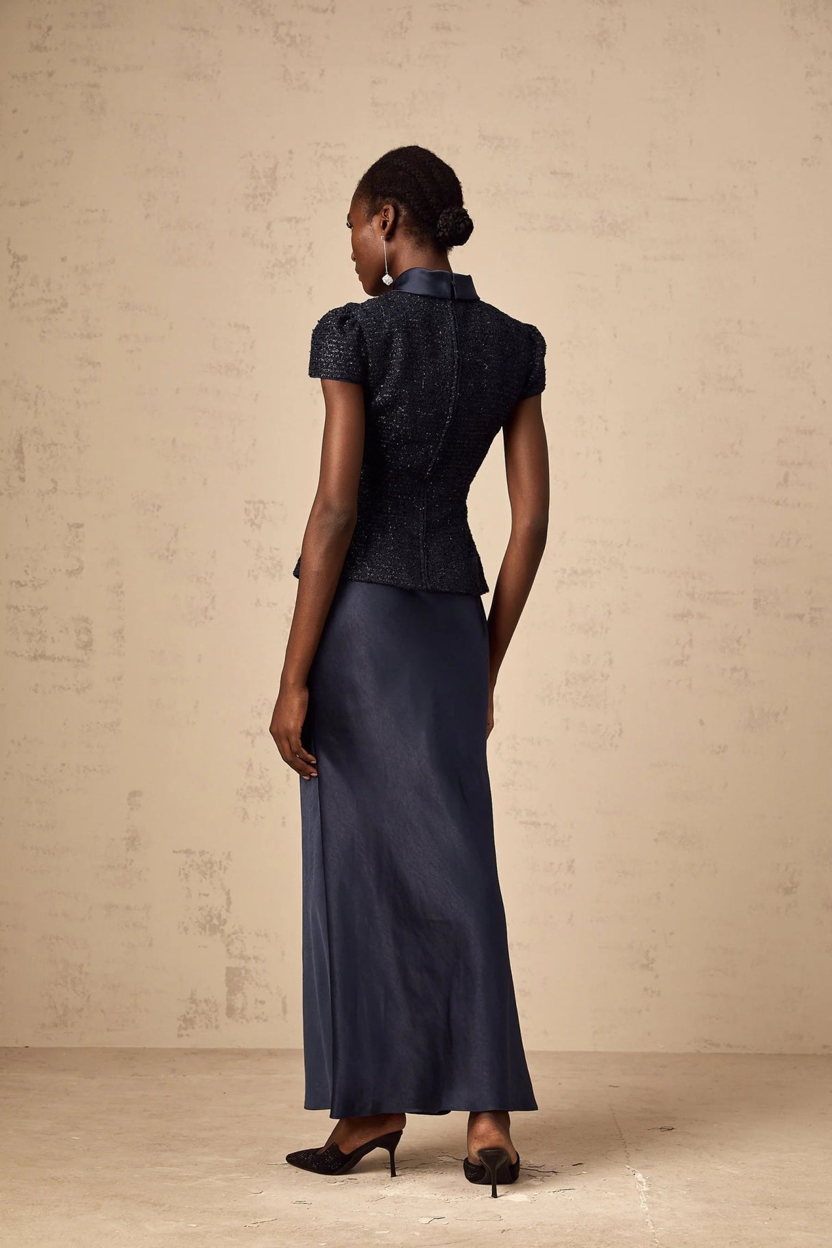 Dayana Maxi Dress Navy Blue Detachable Skirt Crystal Buttons
