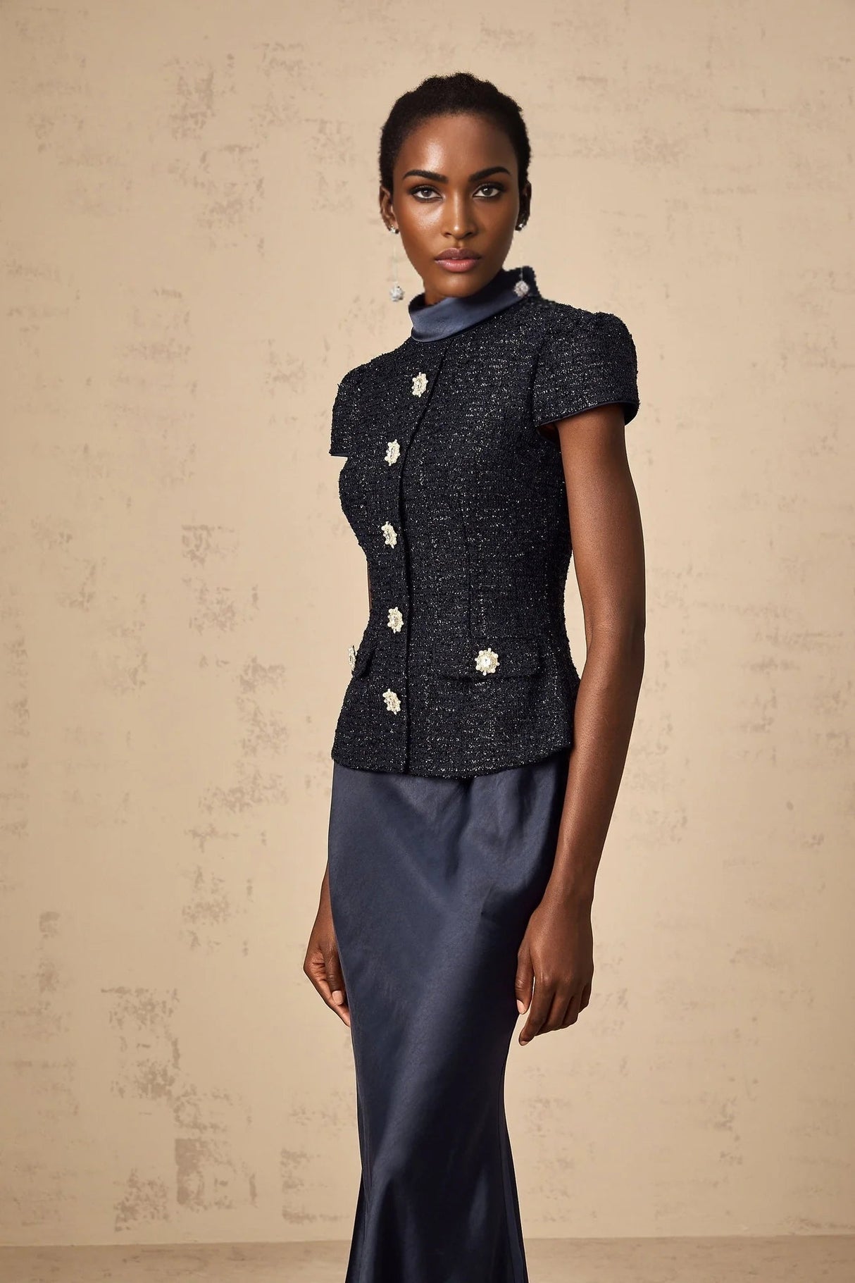 Dayana Maxi Dress Navy Blue Detachable Skirt Crystal Buttons