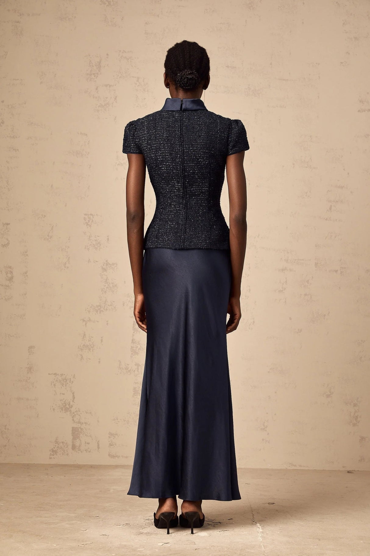 Dayana Maxi Dress Navy Blue Detachable Skirt Crystal Buttons