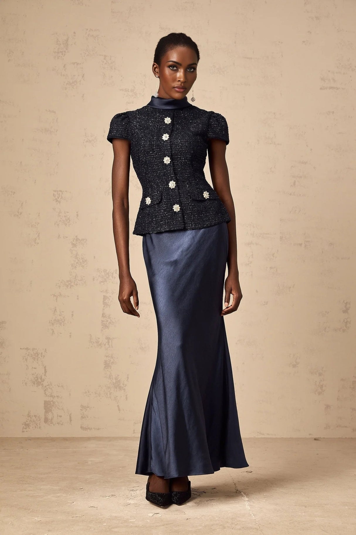Dayana Maxi Dress Navy Blue Detachable Skirt Crystal Buttons