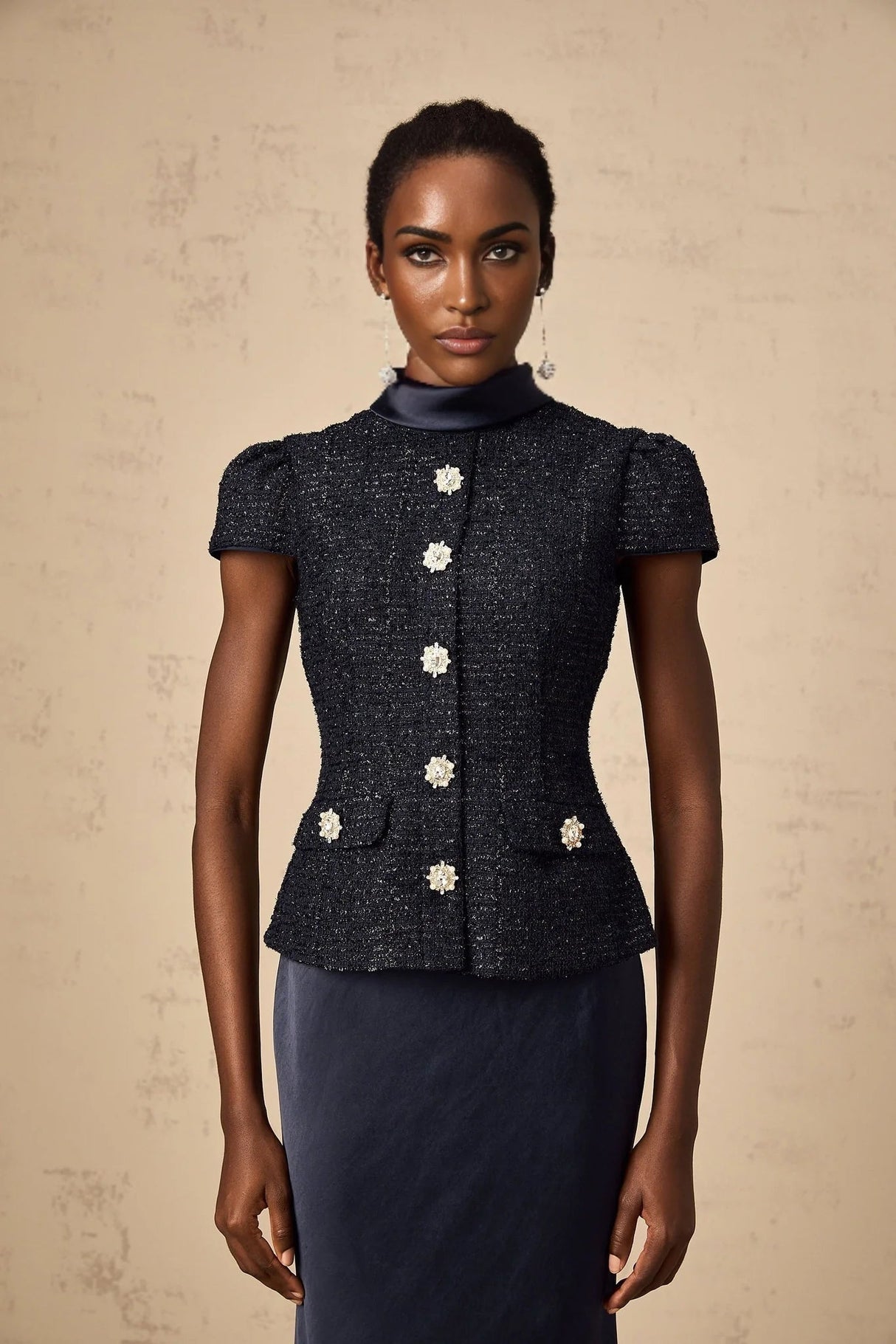 Dayana Maxi Dress Navy Blue Detachable Skirt Crystal Buttons