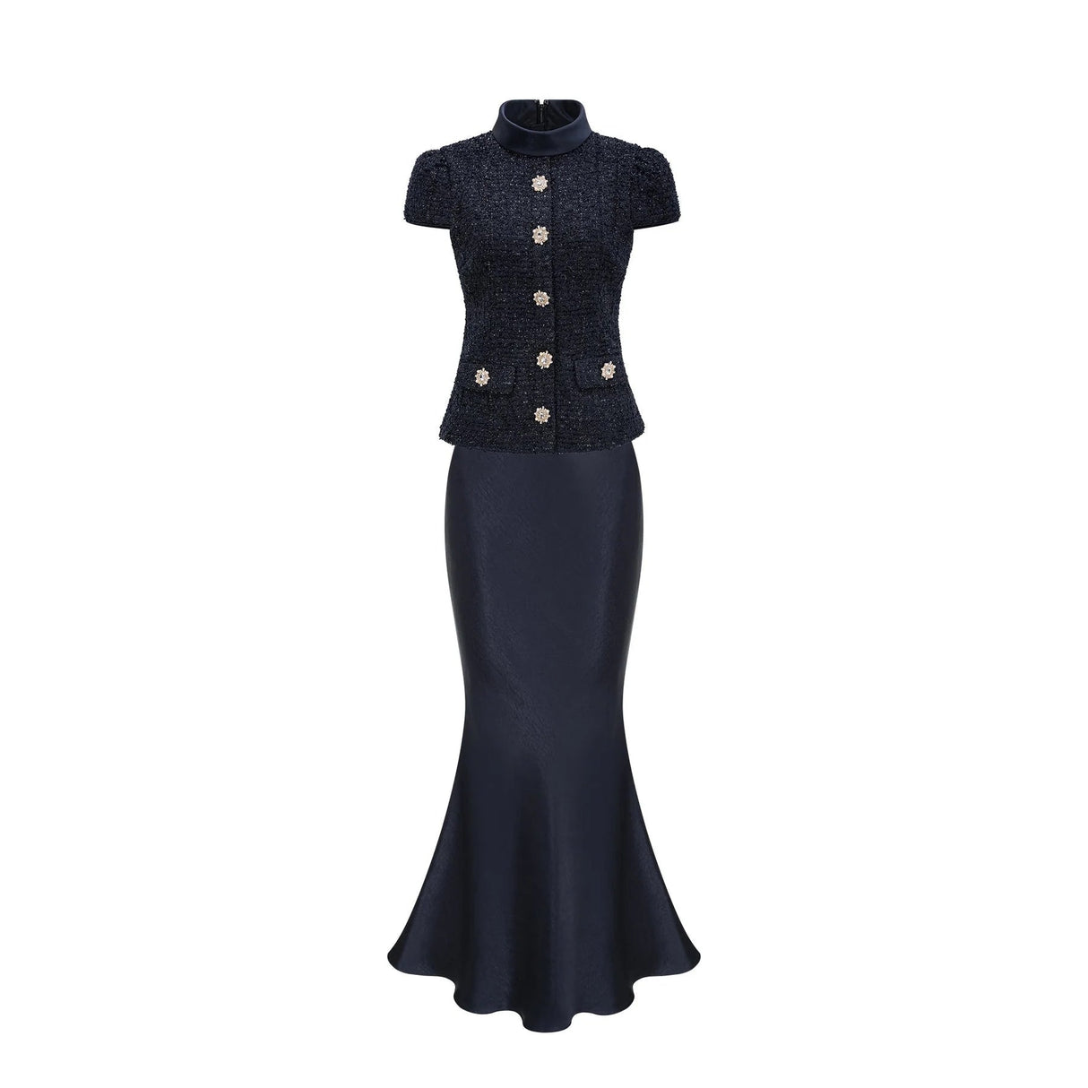 Dayana Maxi Dress Navy Blue Detachable Skirt Crystal Buttons