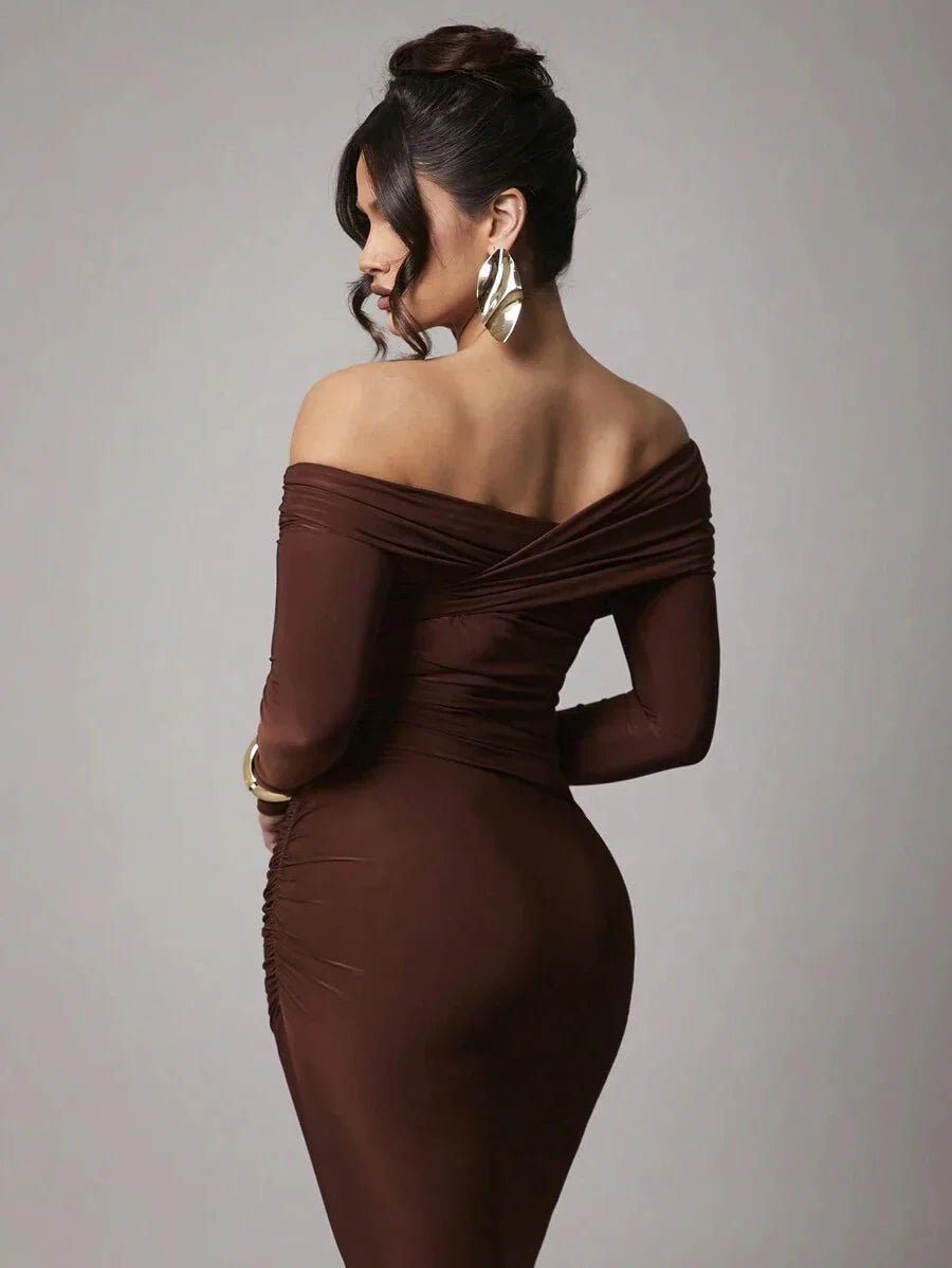 Dayana Maxi Dress - Refined Style - Slim Fit - Mermaid Hem Shape - Asymmetrical Neckline - Long Sleeve Length - Knitted Fabric, High Stretch