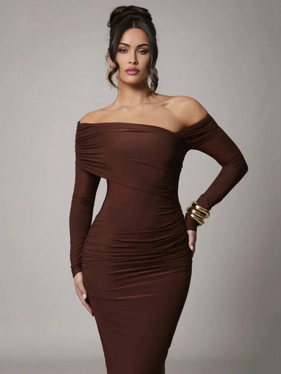 Dayana Maxi Dress - Refined Style - Slim Fit - Mermaid Hem Shape - Asymmetrical Neckline - Long Sleeve Length - Knitted Fabric, High Stretch