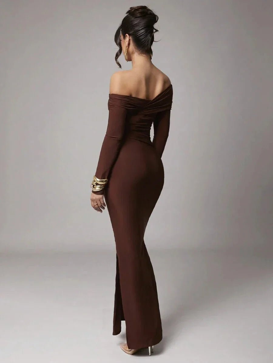 Dayana Maxi Dress - Refined Style - Slim Fit - Mermaid Hem Shape - Asymmetrical Neckline - Long Sleeve Length - Knitted Fabric, High Stretch