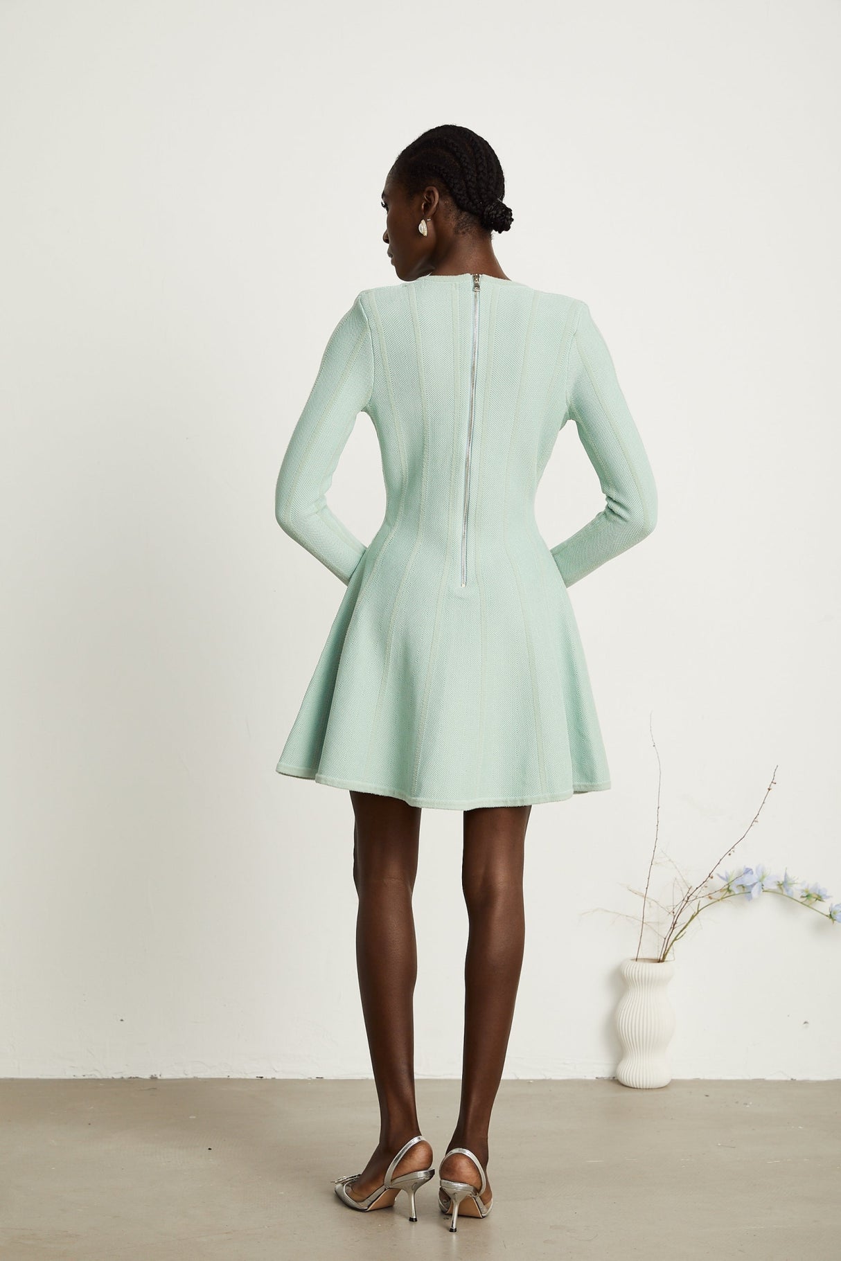 Dayana Mini Dress - V Neck - Long Sleeves - Embossed - tone Buttons - Knitted Construction