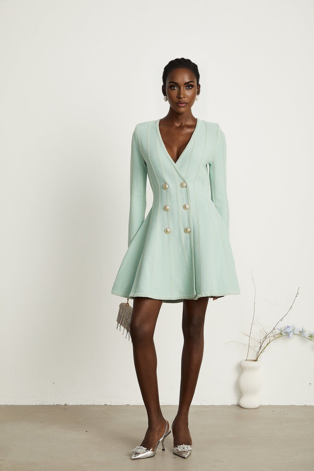 Dayana Mini Dress - V Neck - Long Sleeves - Embossed - tone Buttons - Knitted Construction