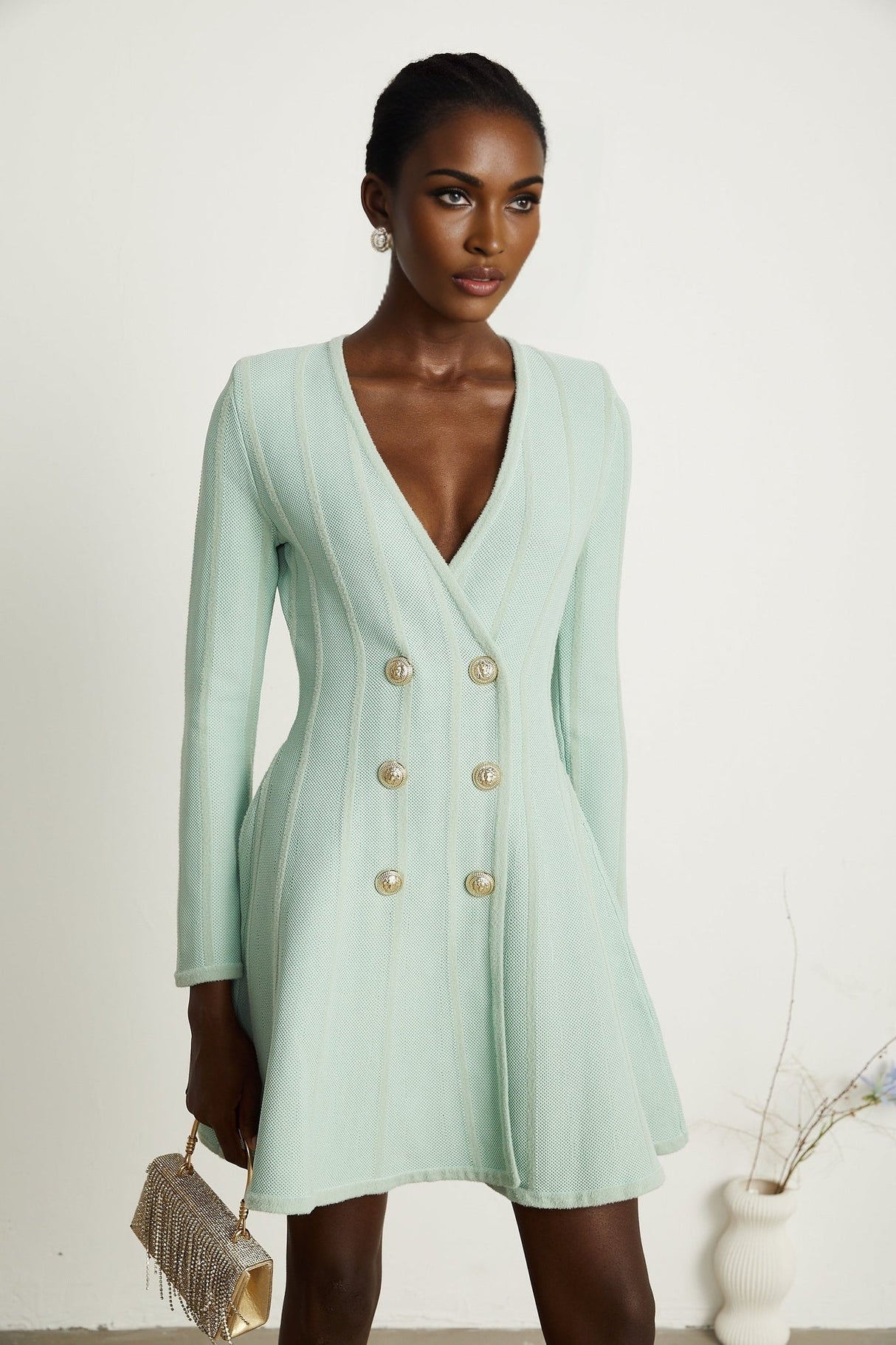 Dayana Mini Dress - V Neck - Long Sleeves - Embossed - tone Buttons - Knitted Construction