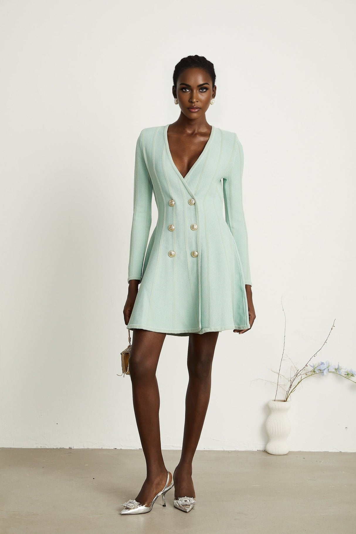 Dayana Mini Dress - V Neck - Long Sleeves - Embossed - tone Buttons - Knitted Construction