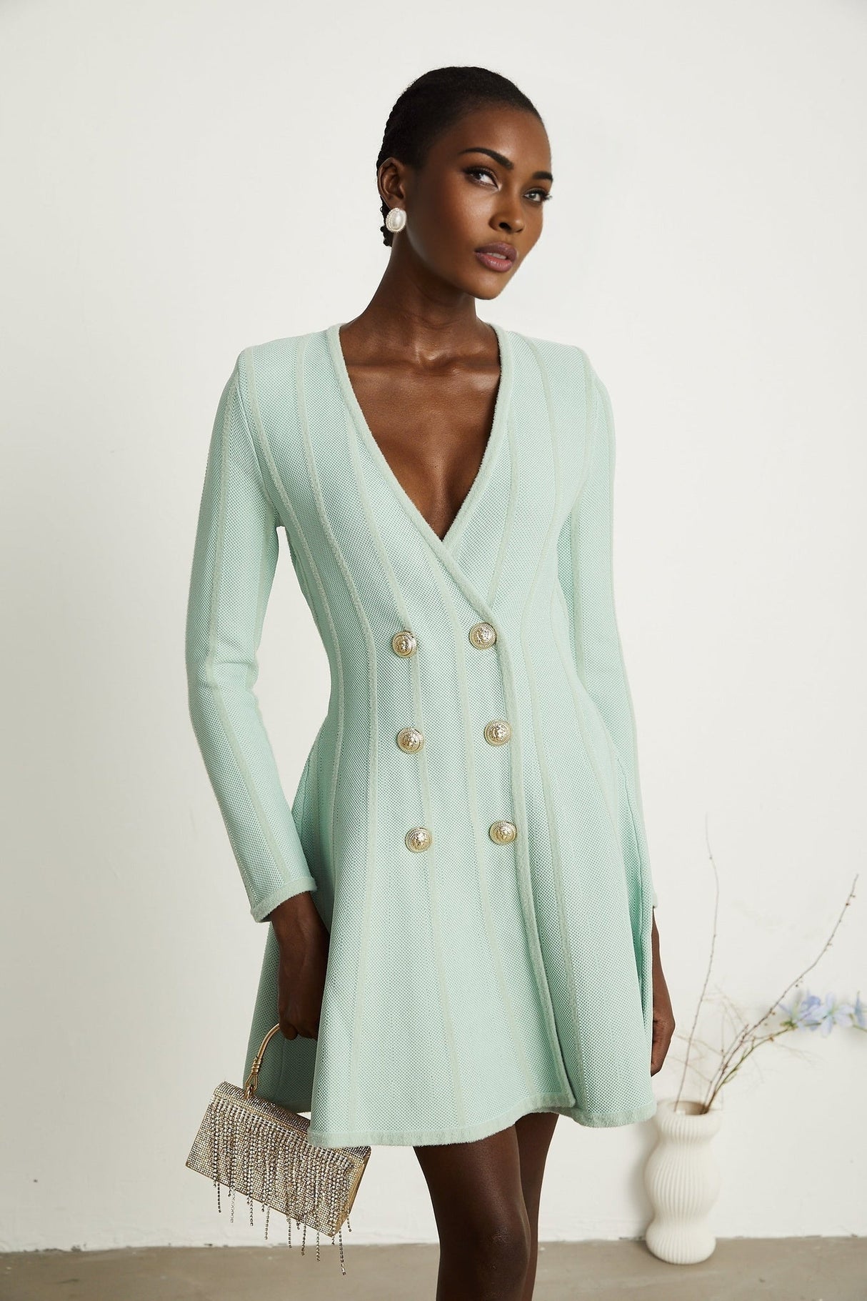 Dayana Mini Dress - V Neck - Long Sleeves - Embossed - tone Buttons - Knitted Construction