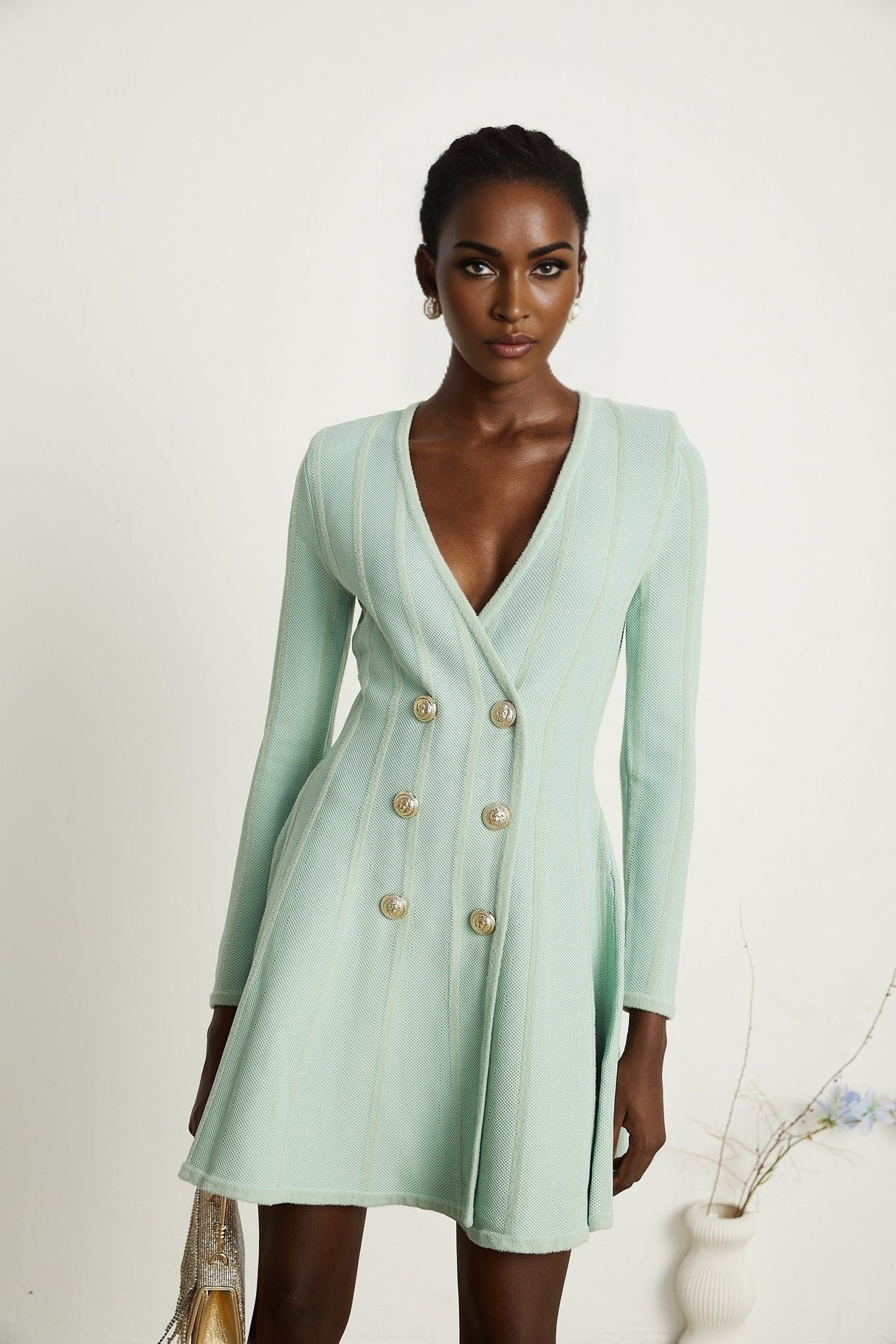 Dayana Mini Dress - V Neck - Long Sleeves - Embossed - tone Buttons - Knitted Construction