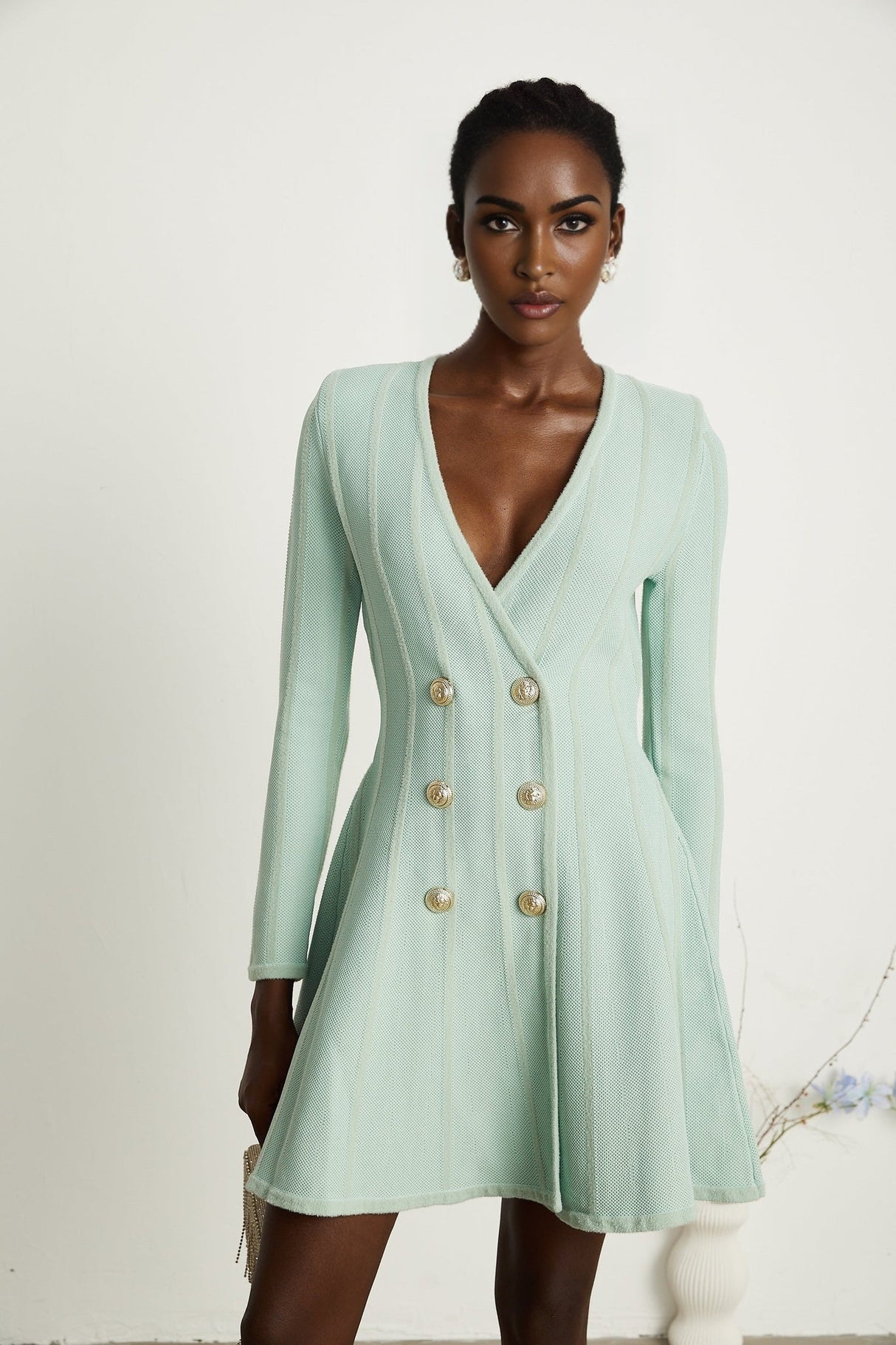 Dayana Mini Dress - V Neck - Long Sleeves - Embossed - tone Buttons - Knitted Construction